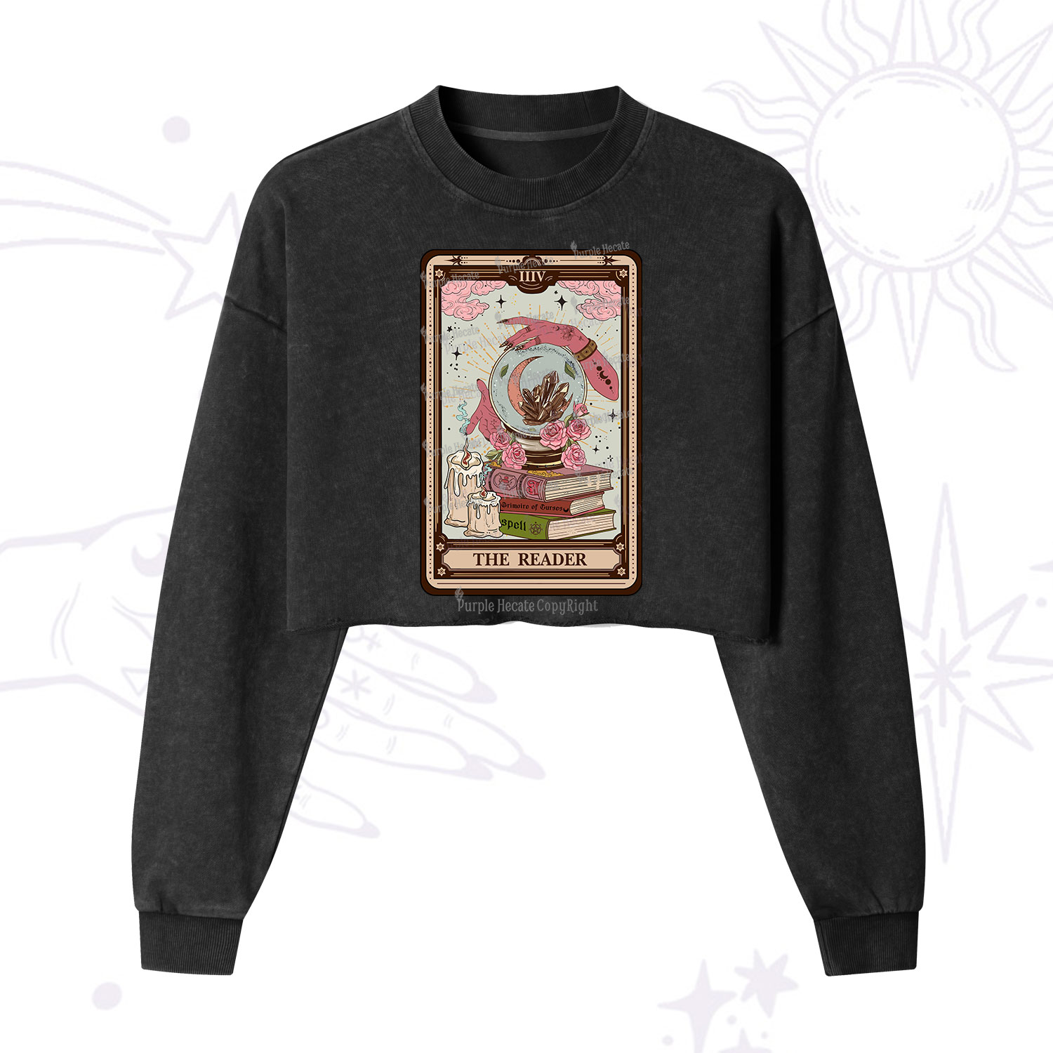 Purplehecate The Reader Tarot Witch Vibes Cropped Washed Sweatshirt