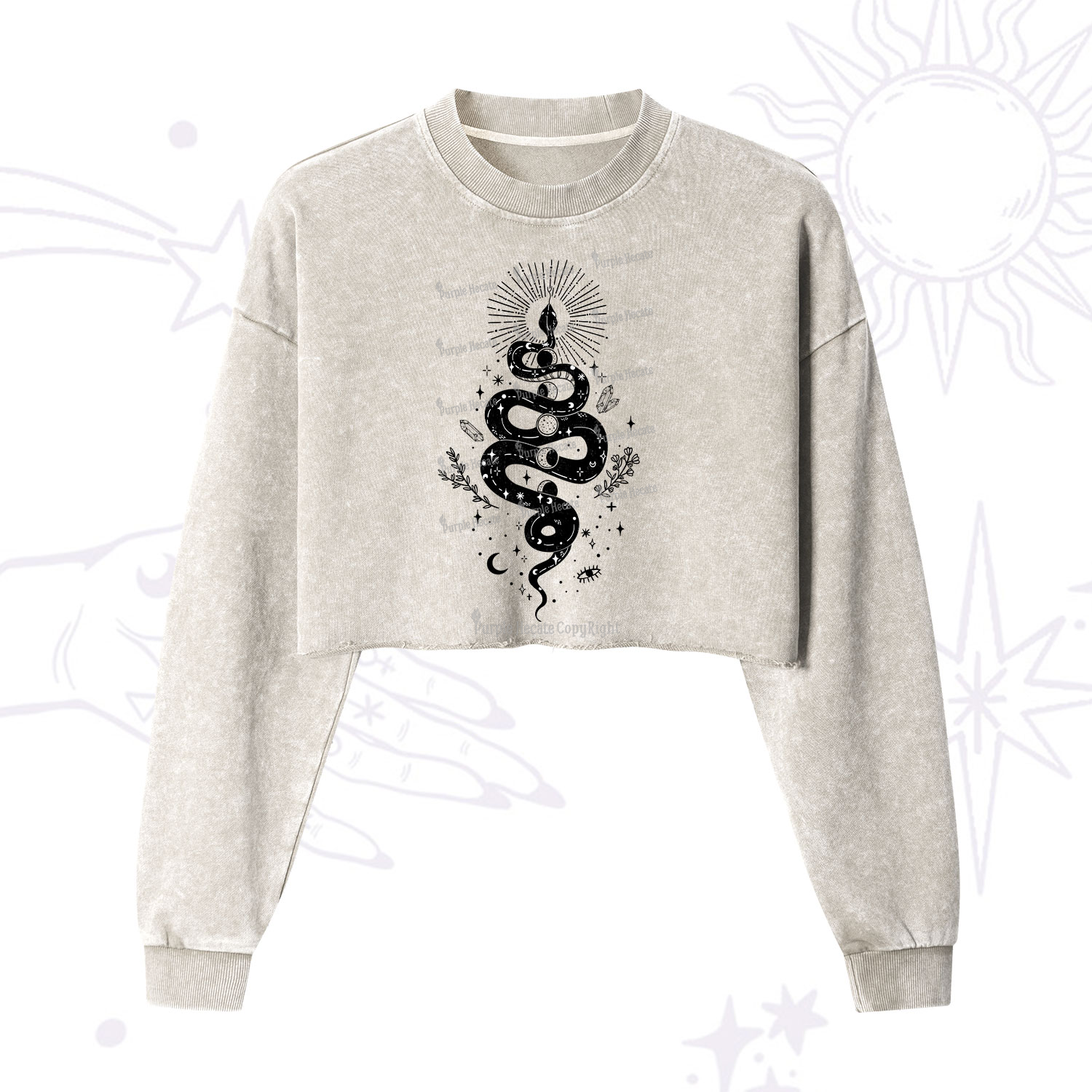 Purplehecate Mystical Moon Phases Snake Cropped Washed Sweatshirt