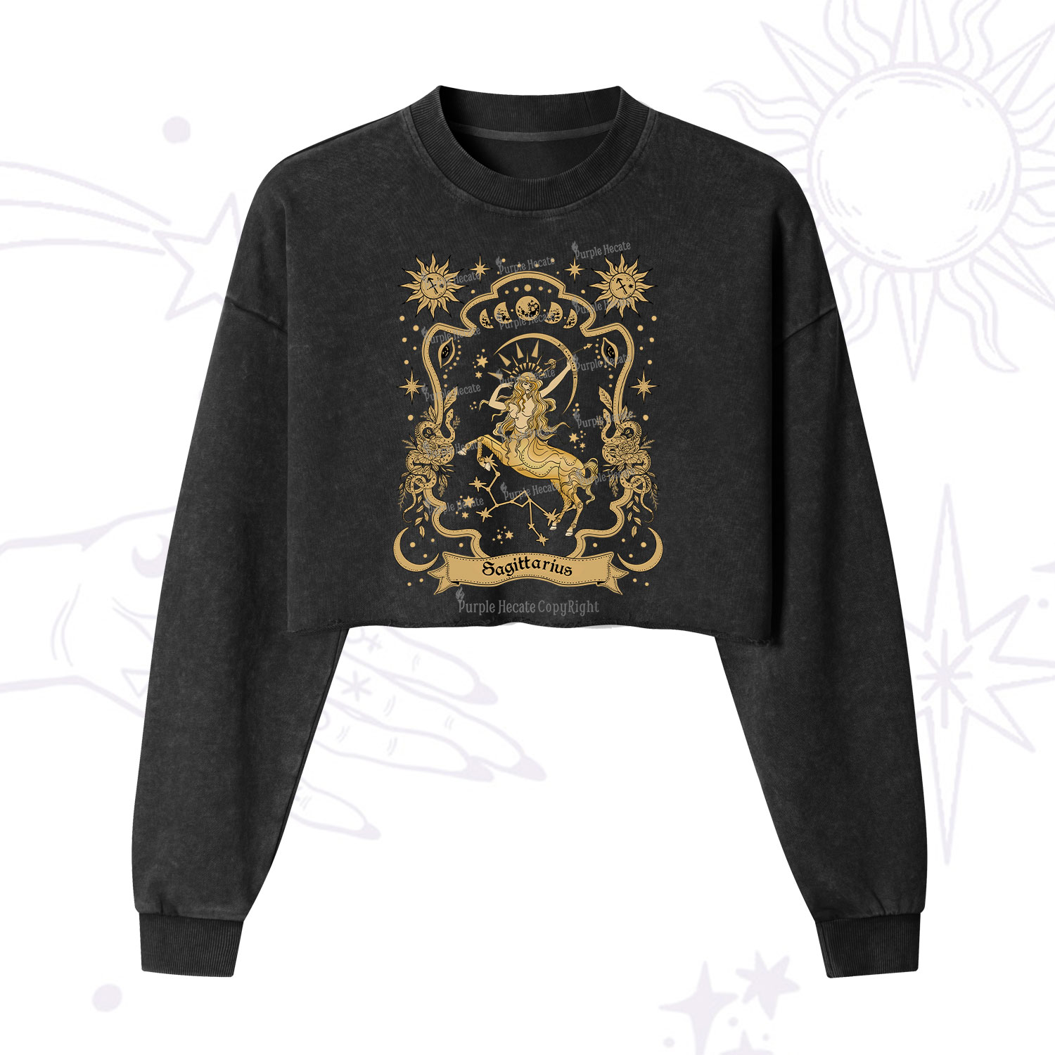 Purplehecate Sagittarius' Astral Mirage Zodiac Cropped Washed Sweatshirt