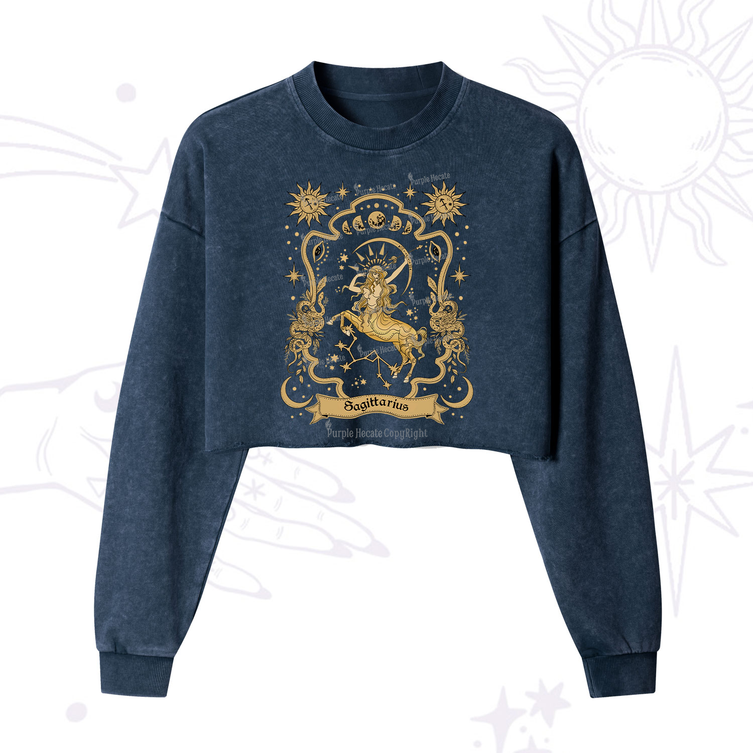 Purplehecate Sagittarius' Astral Mirage Zodiac Cropped Washed Sweatshirt