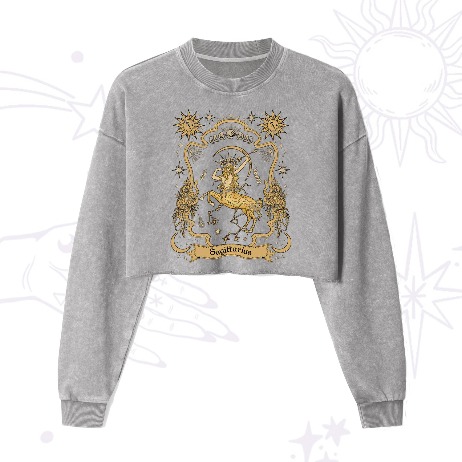 Purplehecate Sagittarius' Astral Mirage Zodiac Cropped Washed Sweatshirt