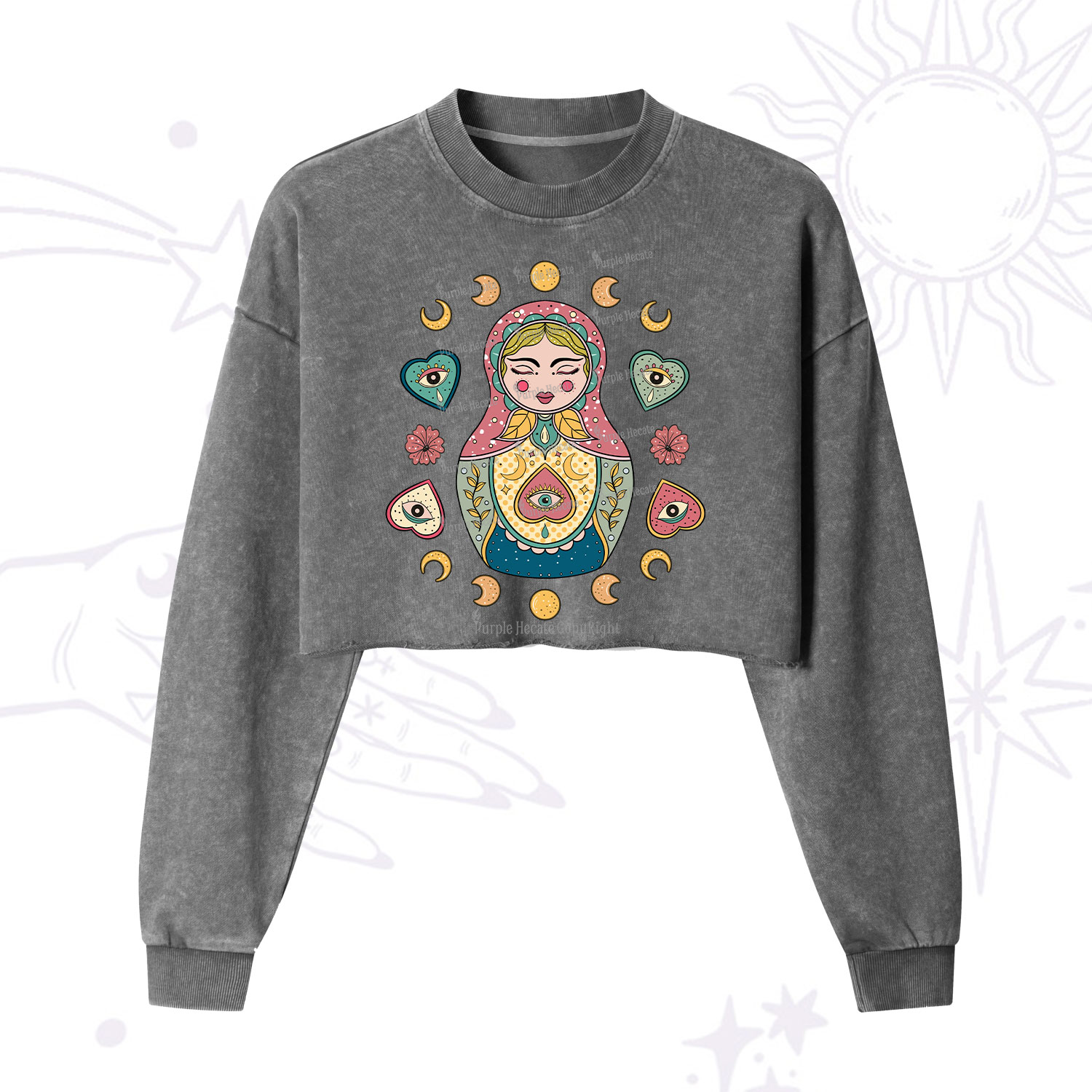 Purplehecate Nesting Doll Cropped Washed Sweatshirt