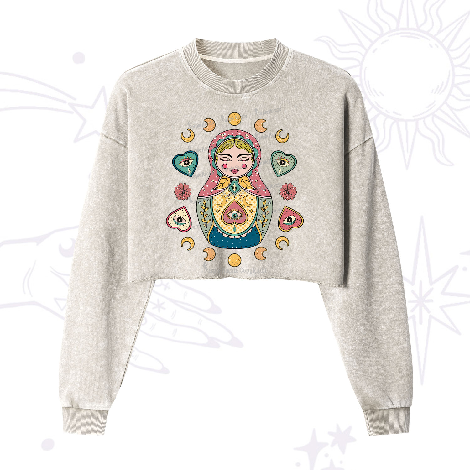 Purplehecate Nesting Doll Cropped Washed Sweatshirt