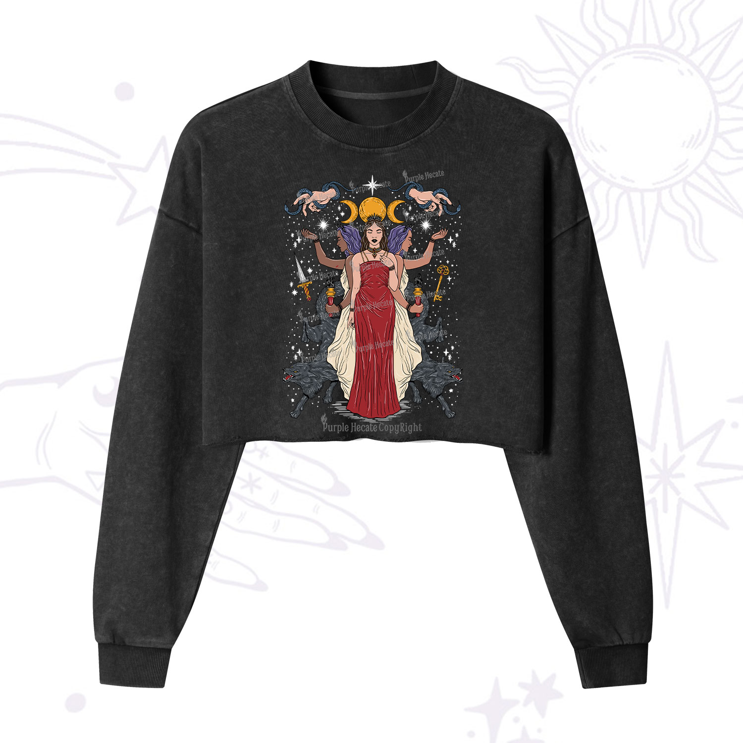 Purplehecate The Triple Goddess Hecate Cropped Washed Sweatshirt