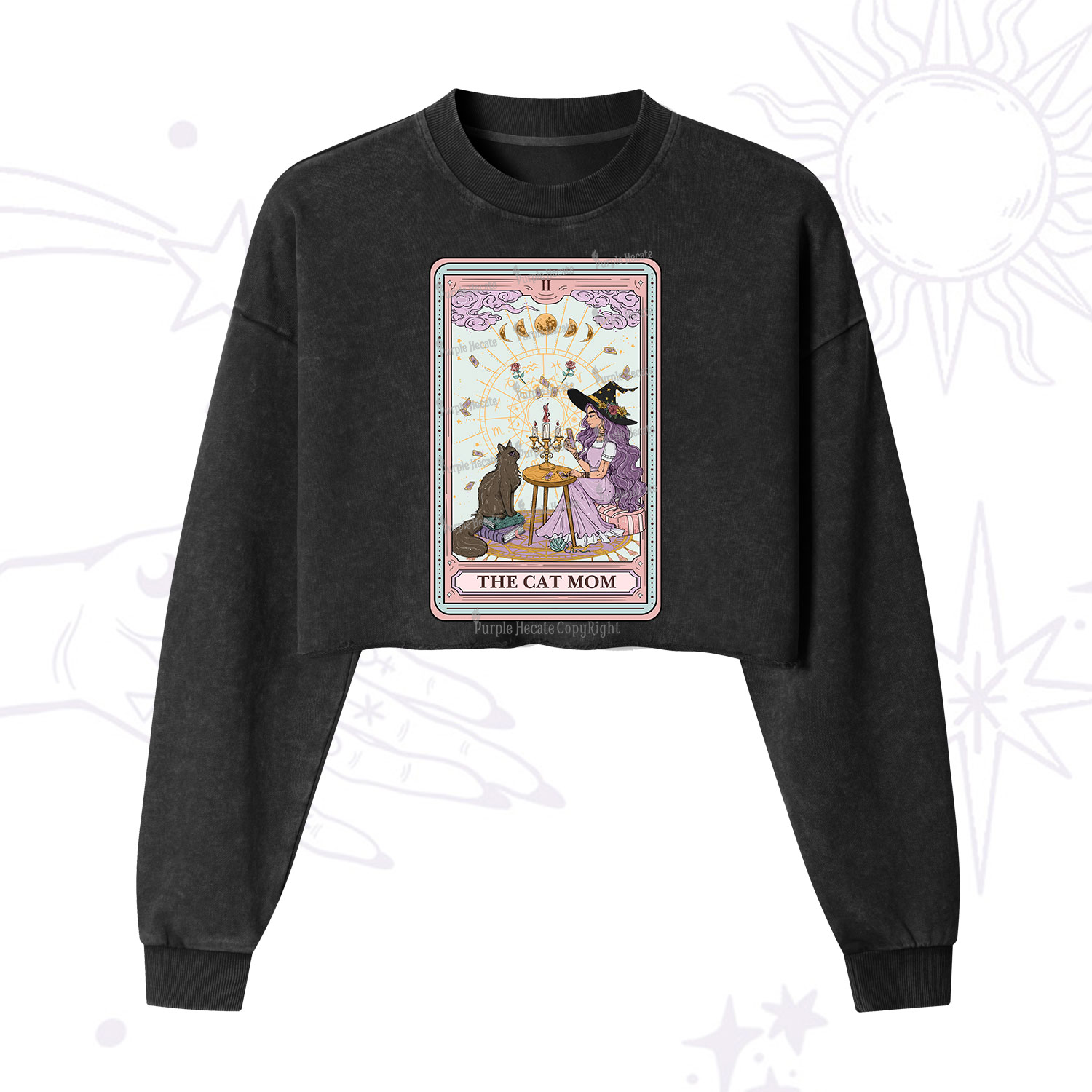 Purplehecate The Cat Witch Mom Tarot  Cropped Washed Sweatshirt