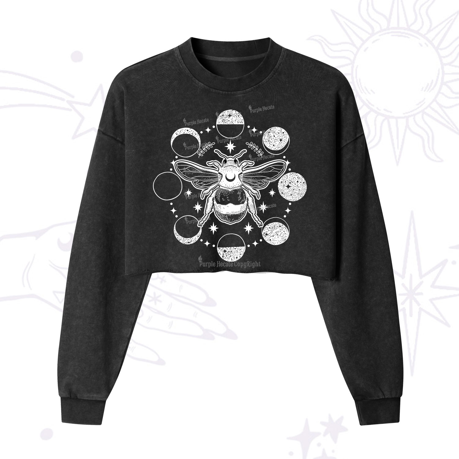 Purplehecate Moon Bee  Cropped Washed Sweatshirt