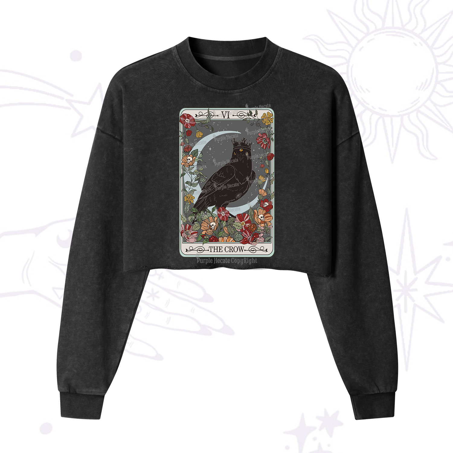 Purplehecate The Crow Tarot Card Cropped Washed Sweatshirt