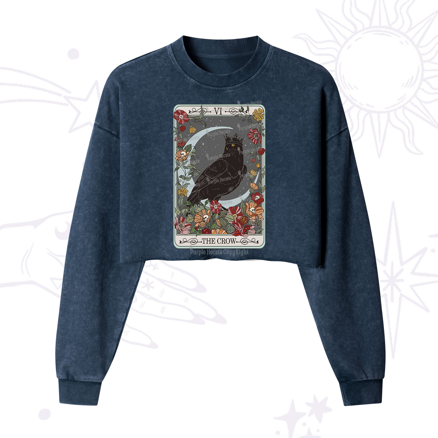 Purplehecate The Crow Tarot Card Cropped Washed Sweatshirt