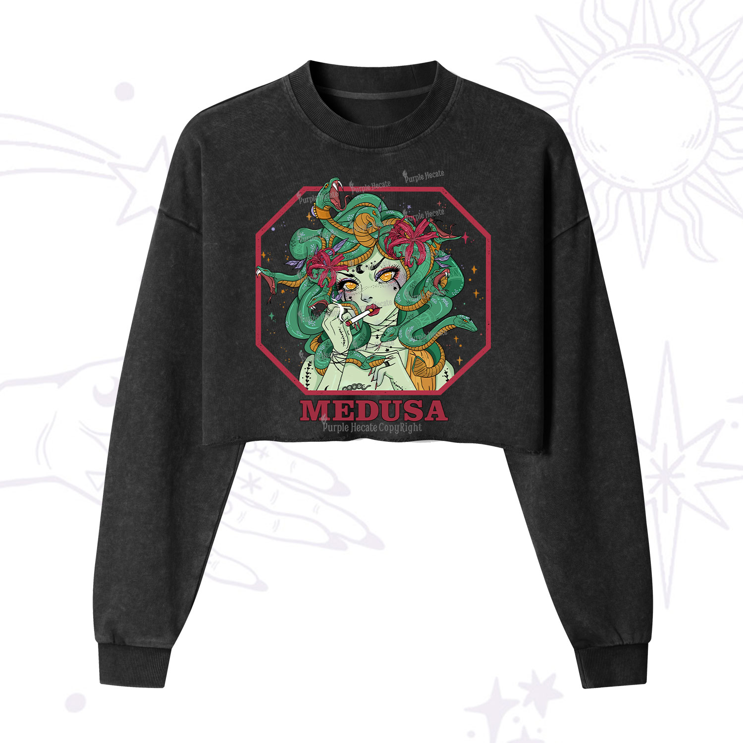 Purplehecate The Greek Goddess Medusa Cropped Washed Sweatshirt
