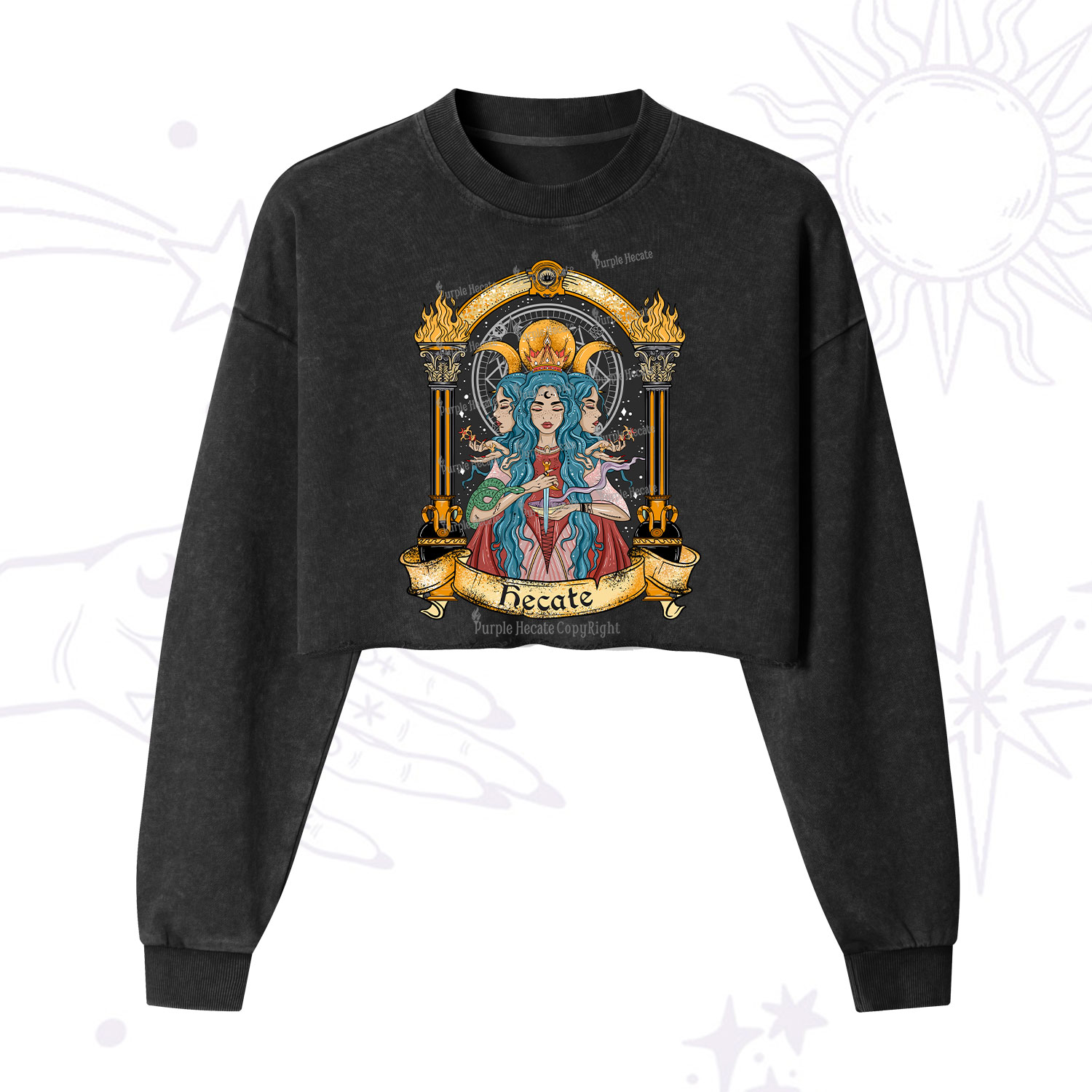 Purplehecate Triple Moon Goddess Hecate Cropped Washed Sweatshirt