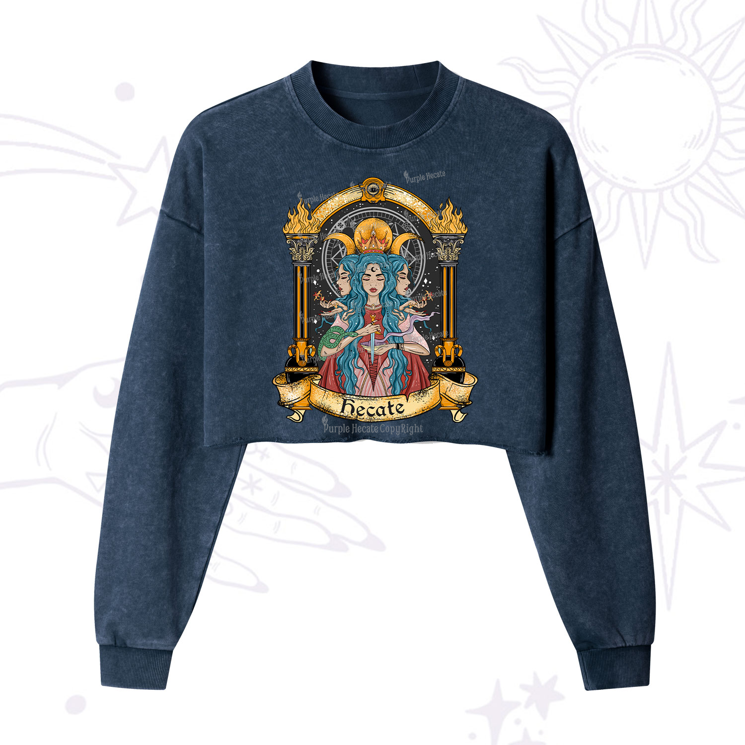 Purplehecate Triple Moon Goddess Hecate Cropped Washed Sweatshirt