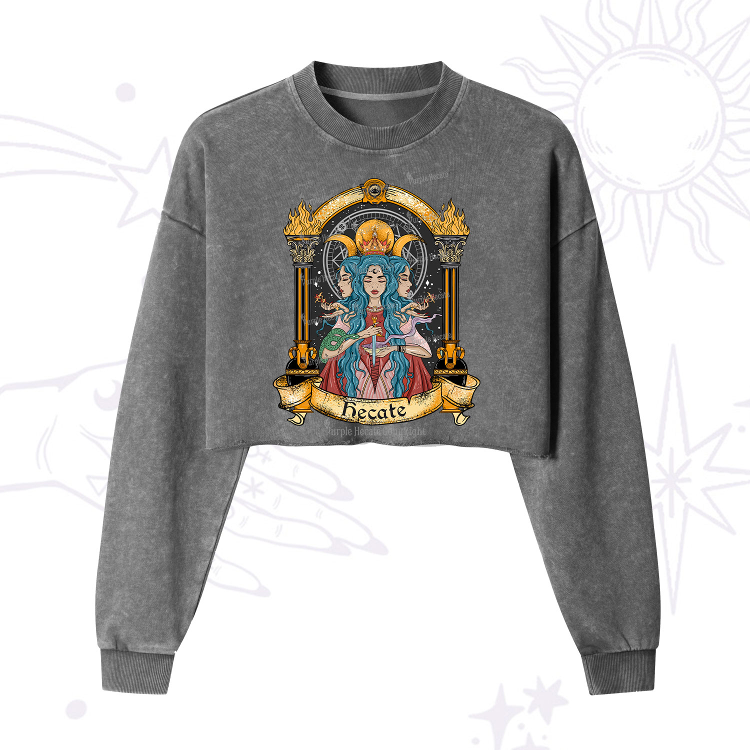 Purplehecate Triple Moon Goddess Hecate Cropped Washed Sweatshirt