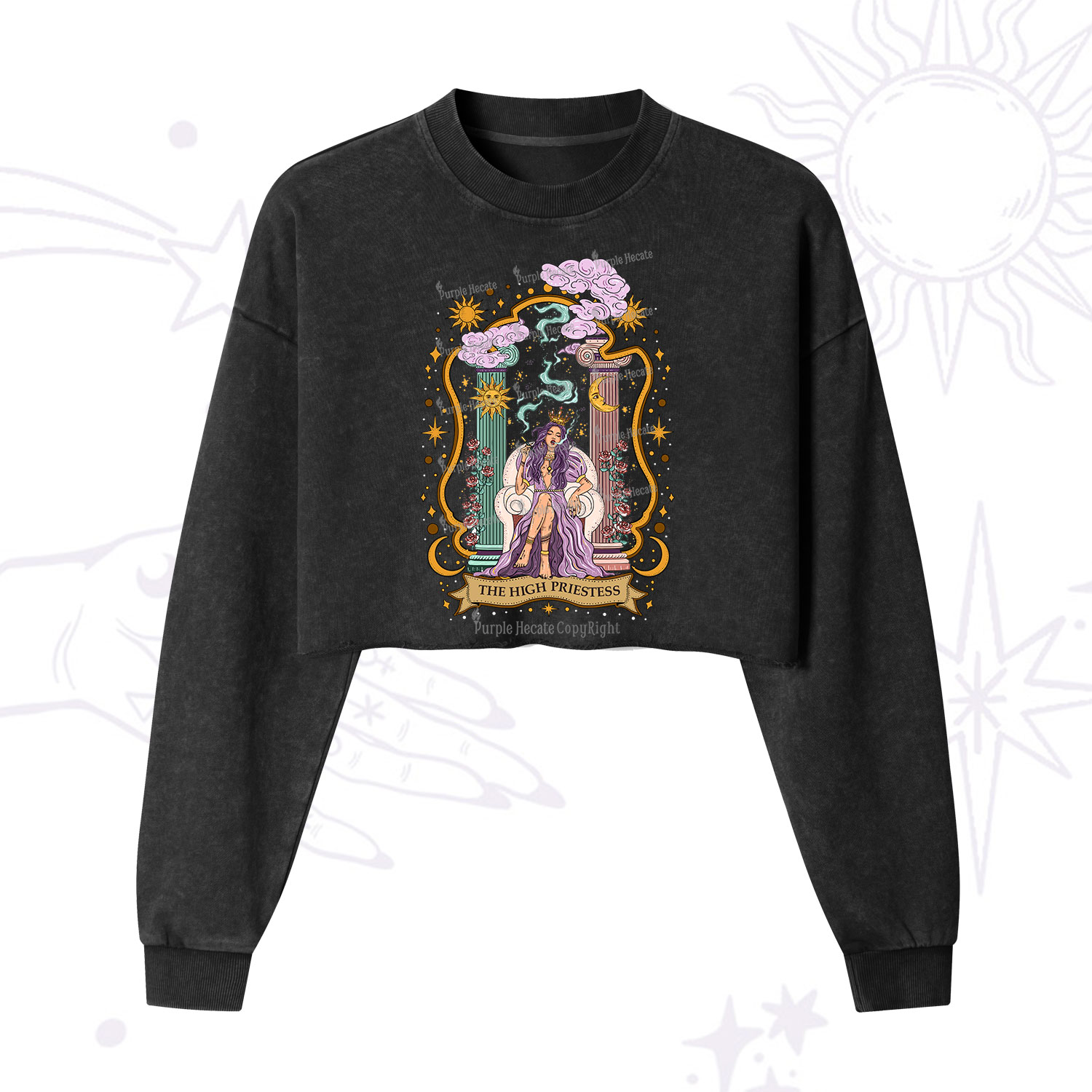Purplehecate The High Priestess Goddess Cropped Washed Sweatshirt