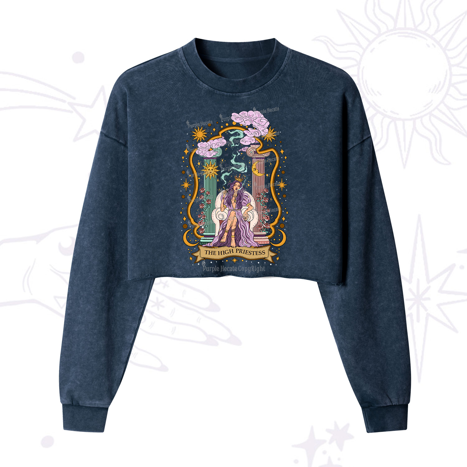 Purplehecate The High Priestess Goddess Cropped Washed Sweatshirt
