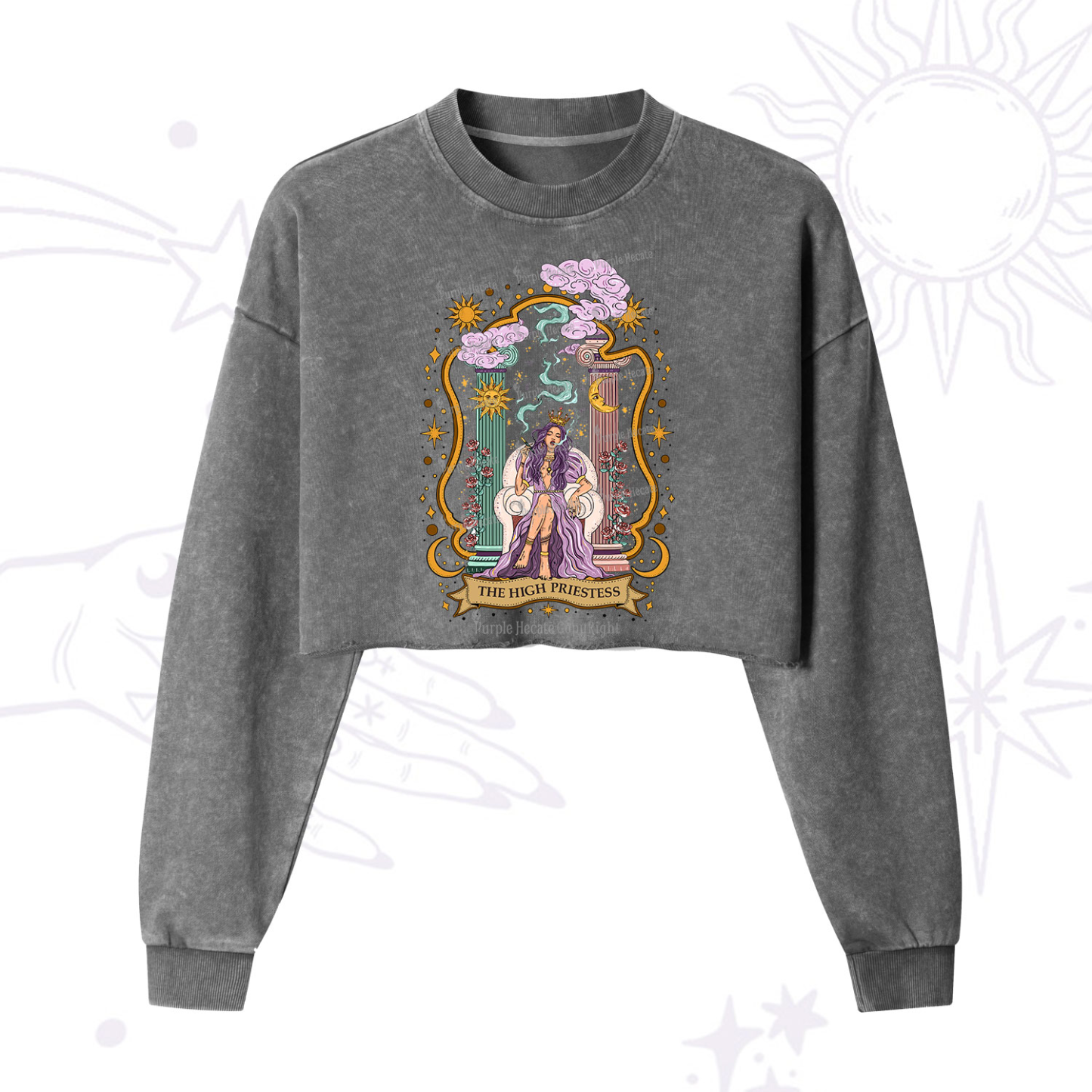 Purplehecate The High Priestess Goddess Cropped Washed Sweatshirt
