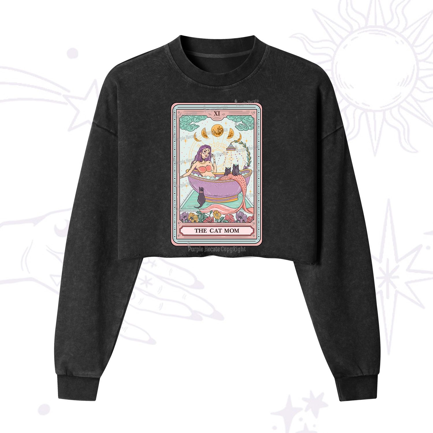 Purplehecate The Cat Mermaid Mom Tarot Card Cropped Washed Sweatshirt