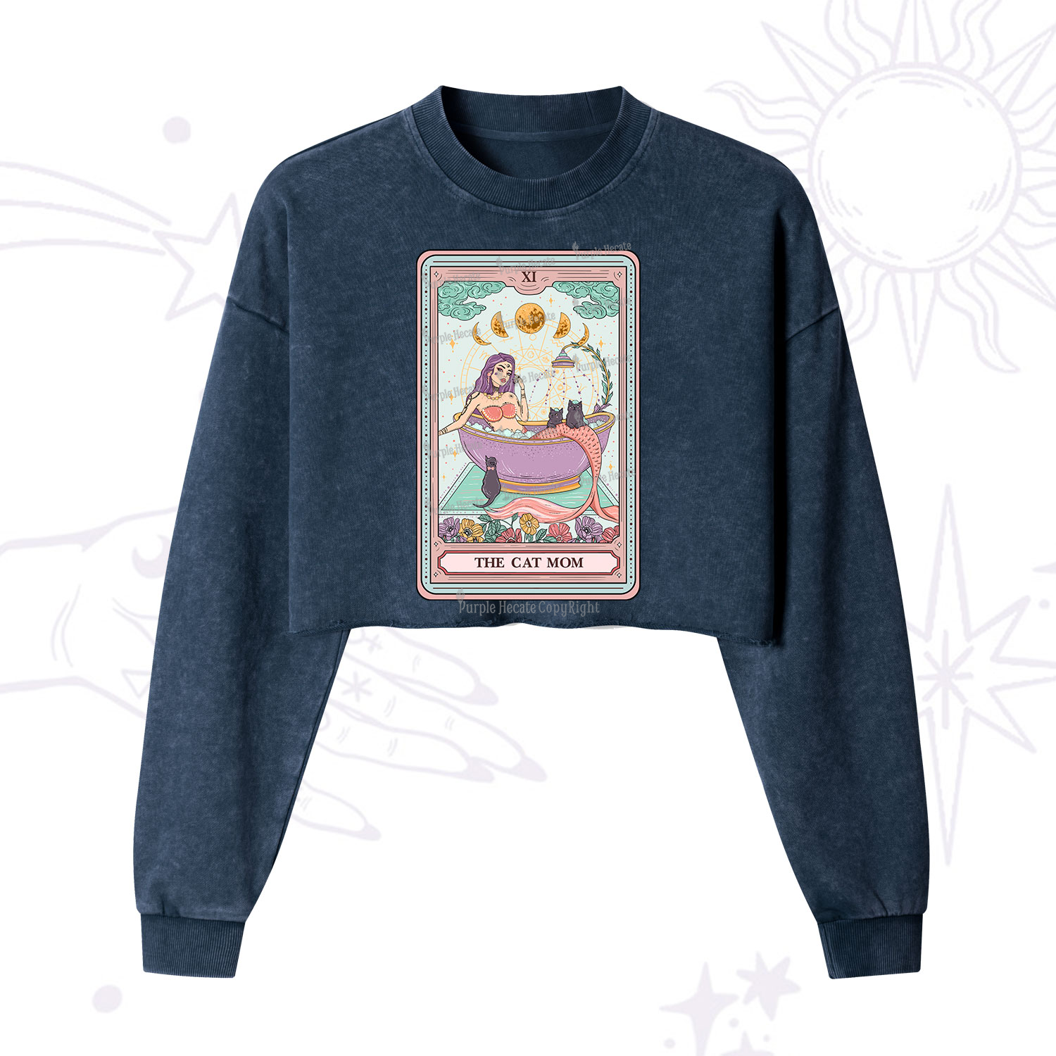Purplehecate The Cat Mermaid Mom Tarot Card Cropped Washed Sweatshirt