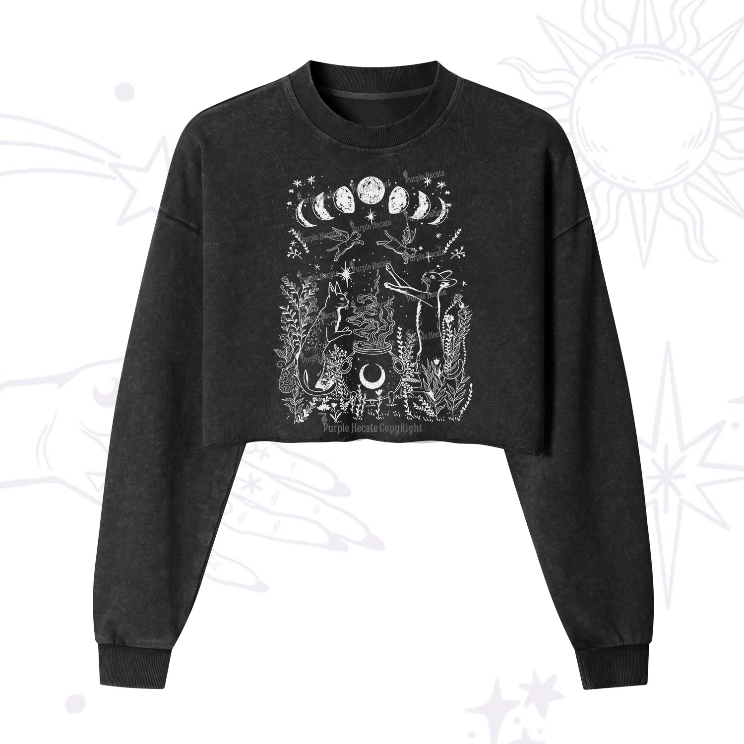 Purplehecate Celestial Cat Cropped Washed Sweatshirt