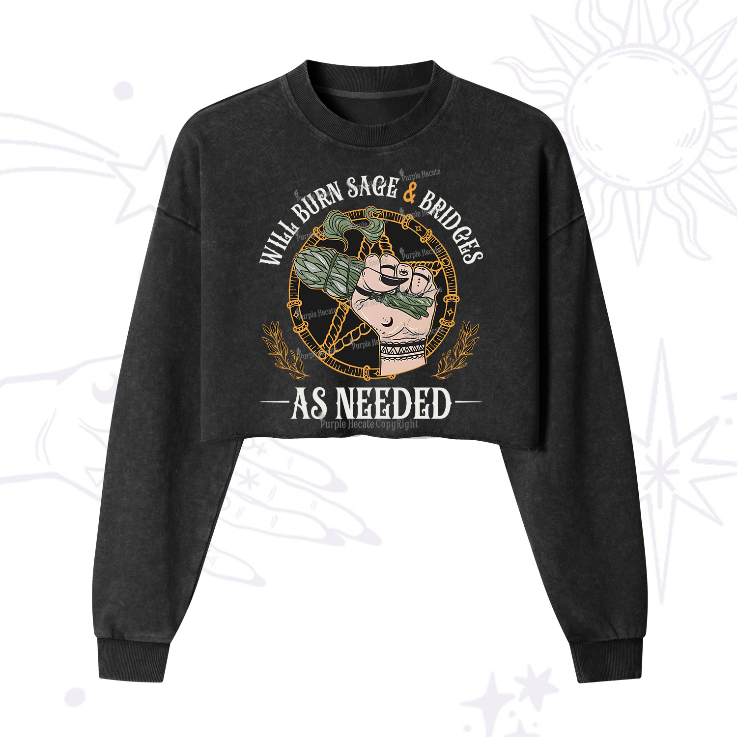 Purplehecate The Stay Wild Moon Child Oracle Card Cropped Washed Sweatshirt