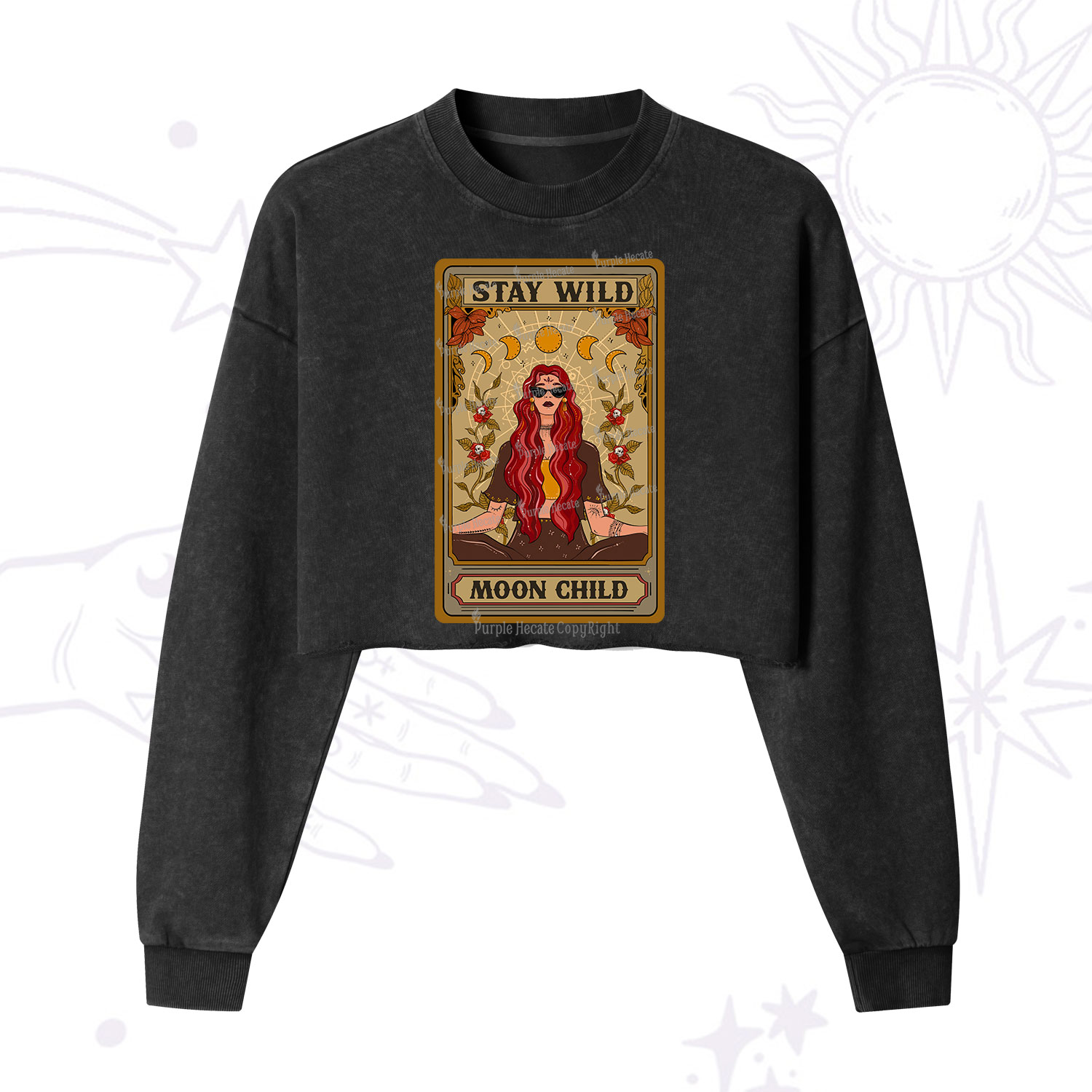 Purplehecate The Stay Wild Moon Child Oracle Card Cropped Washed Sweatshirt