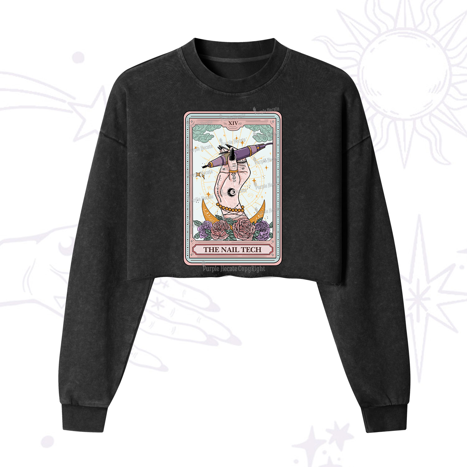 Purplehecate The Nail Tech Tarot Card Cropped Washed Sweatshirt