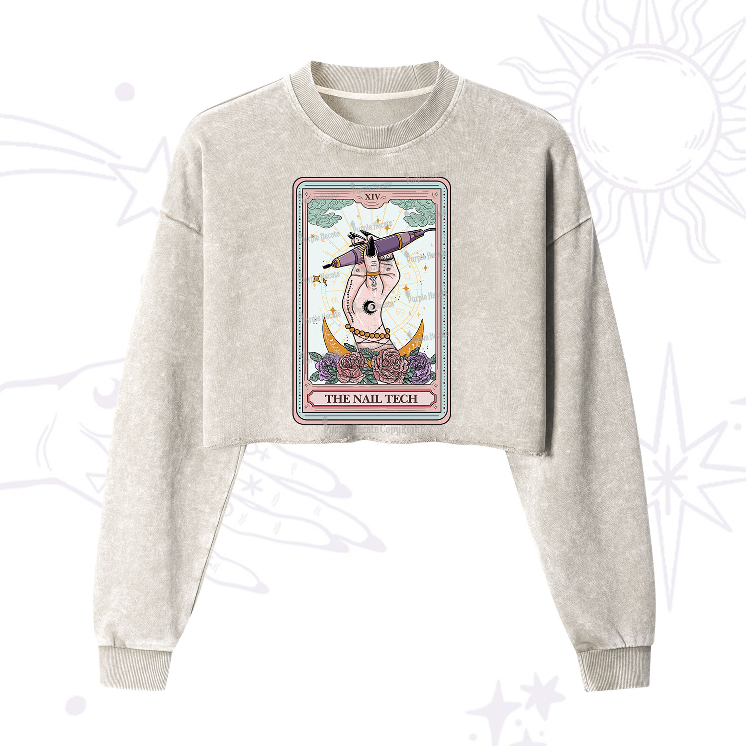 Purplehecate The Nail Tech Tarot Card Cropped Washed Sweatshirt