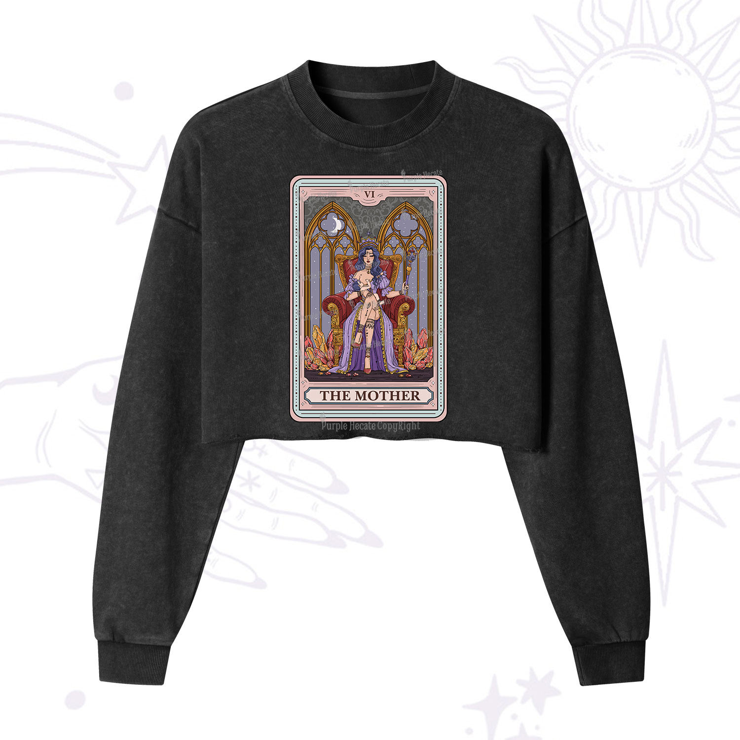 Purplehecate The Mother Tarot Card Cropped Washed Sweatshirt