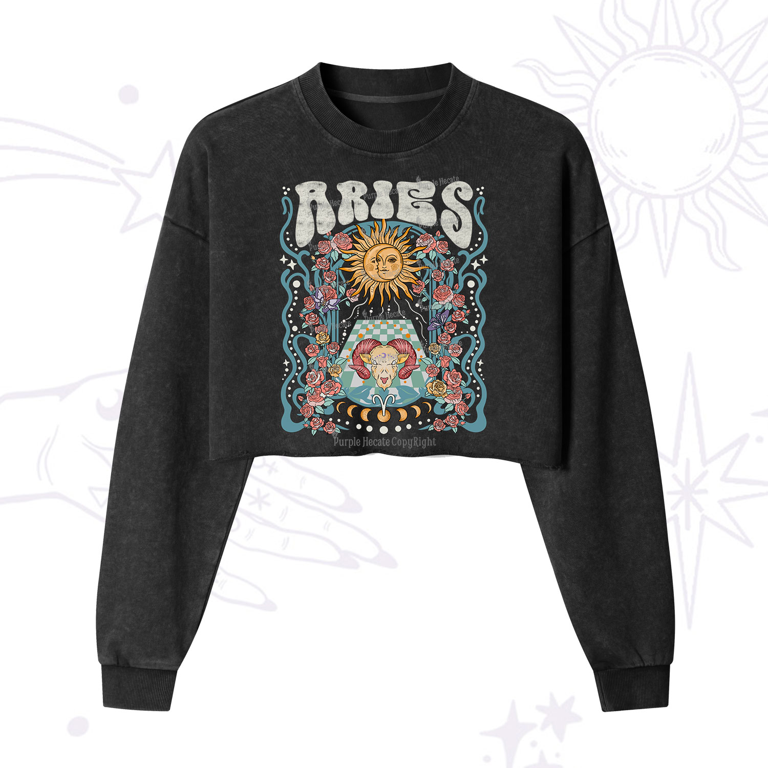 Purplehecate Aries Spirit Zodiac Cropped Washed Sweatshirt