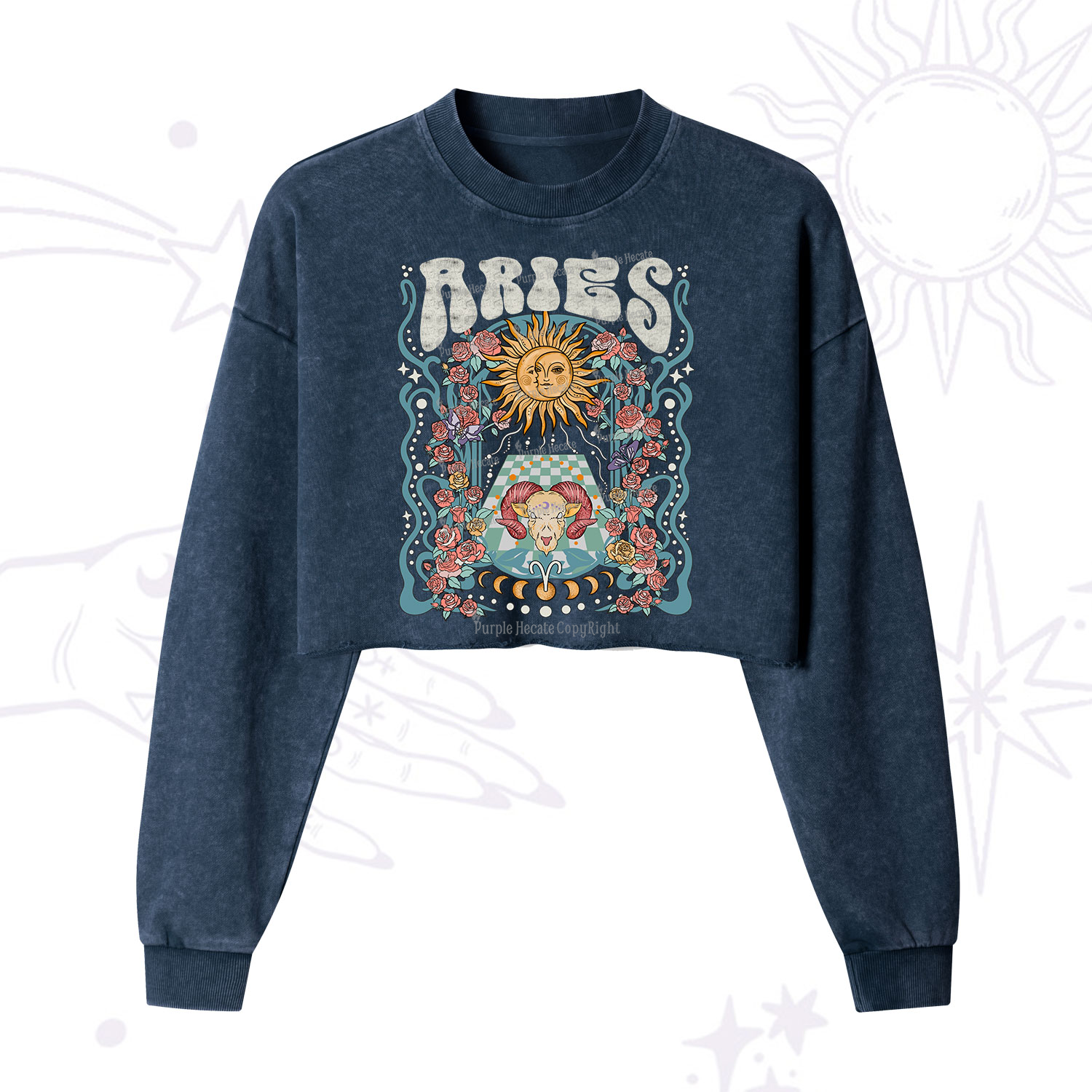 Purplehecate Aries Spirit Zodiac Cropped Washed Sweatshirt