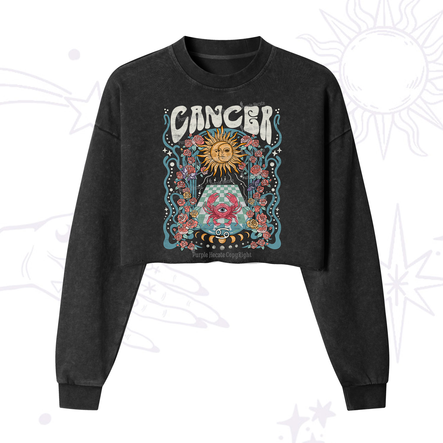 Purplehecate Cancer Spirit Zodiac Cropped Washed Sweatshirt