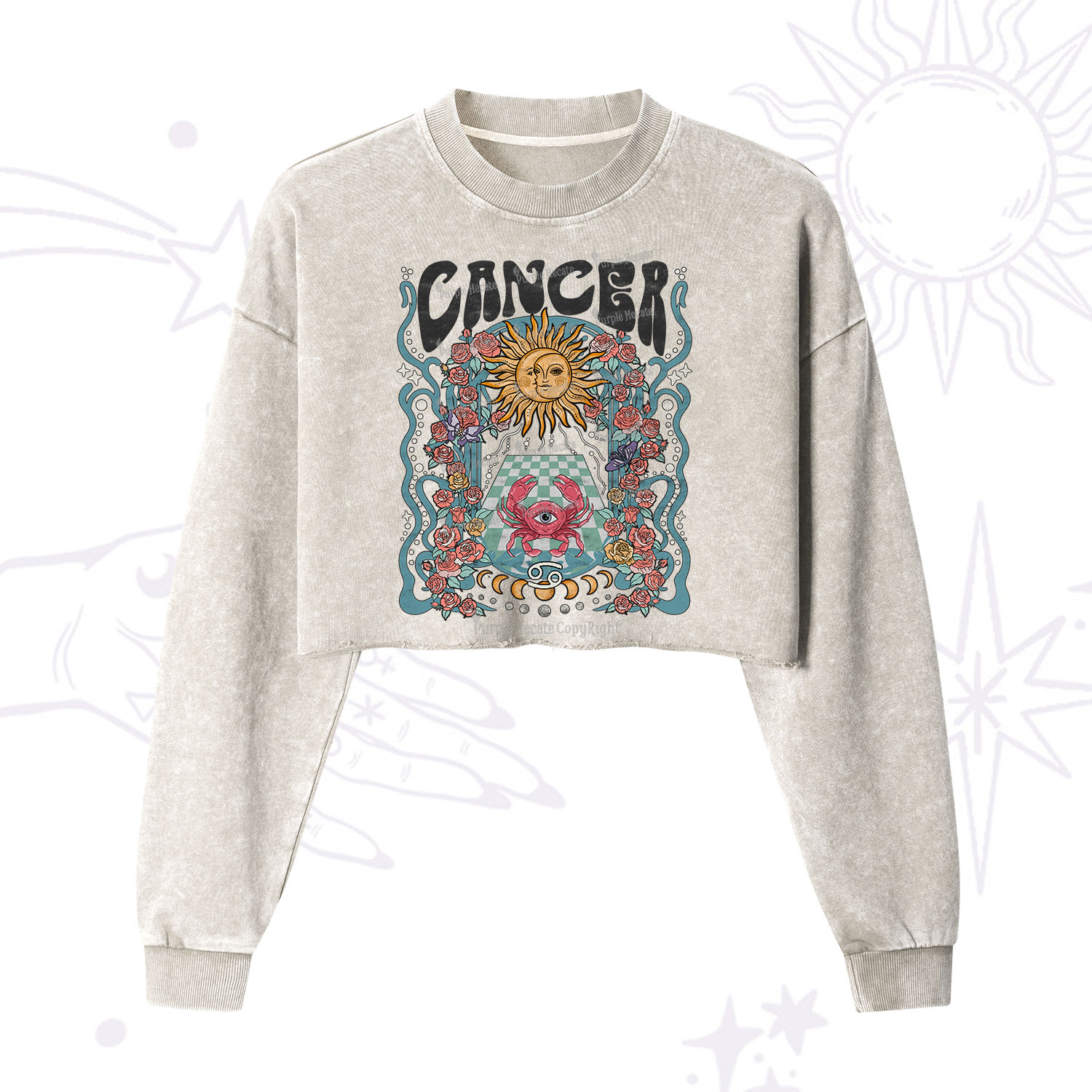 Purplehecate Cancer Spirit Zodiac Cropped Washed Sweatshirt