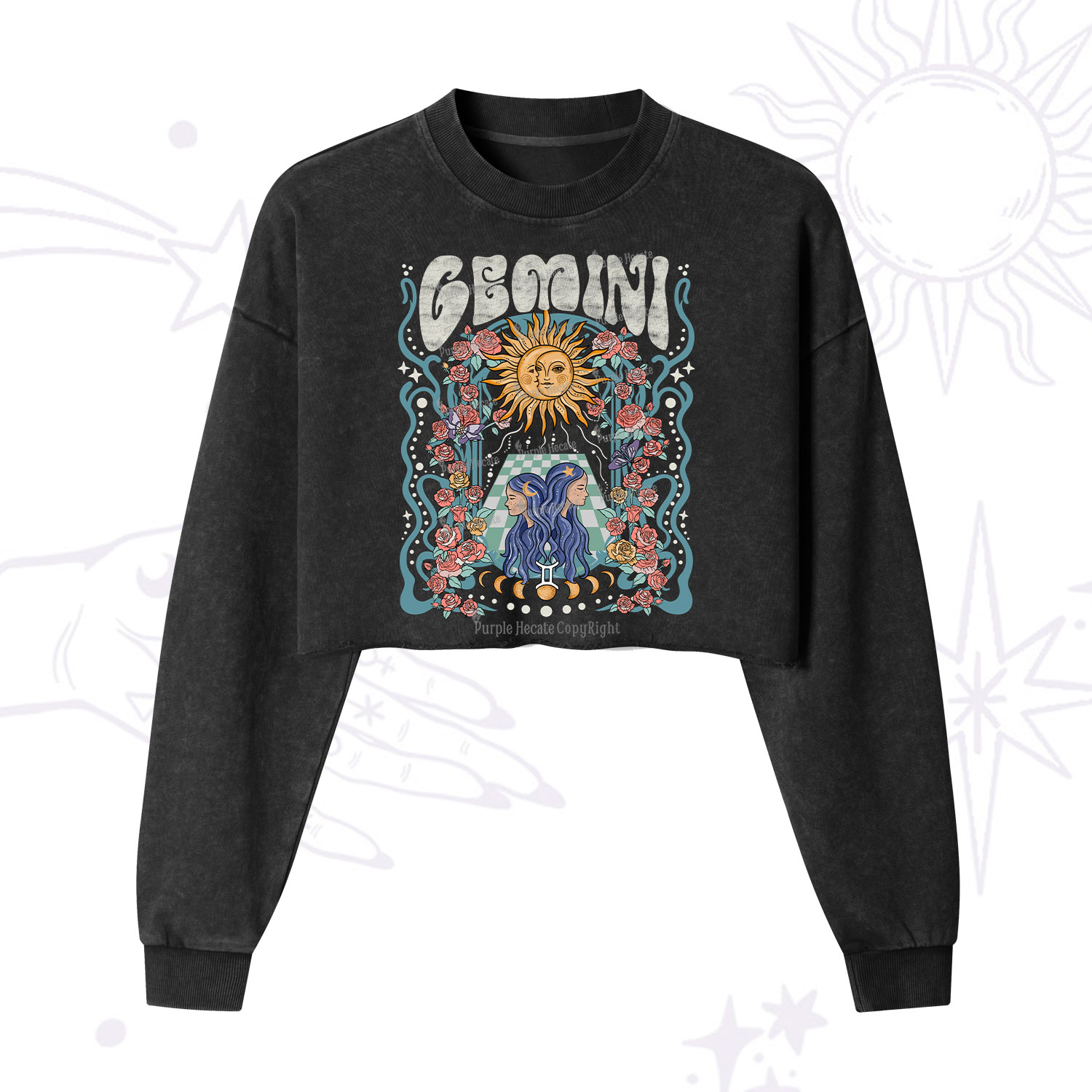 Purplehecate Gemini Spirit Zodiac Cropped Washed Sweatshirt