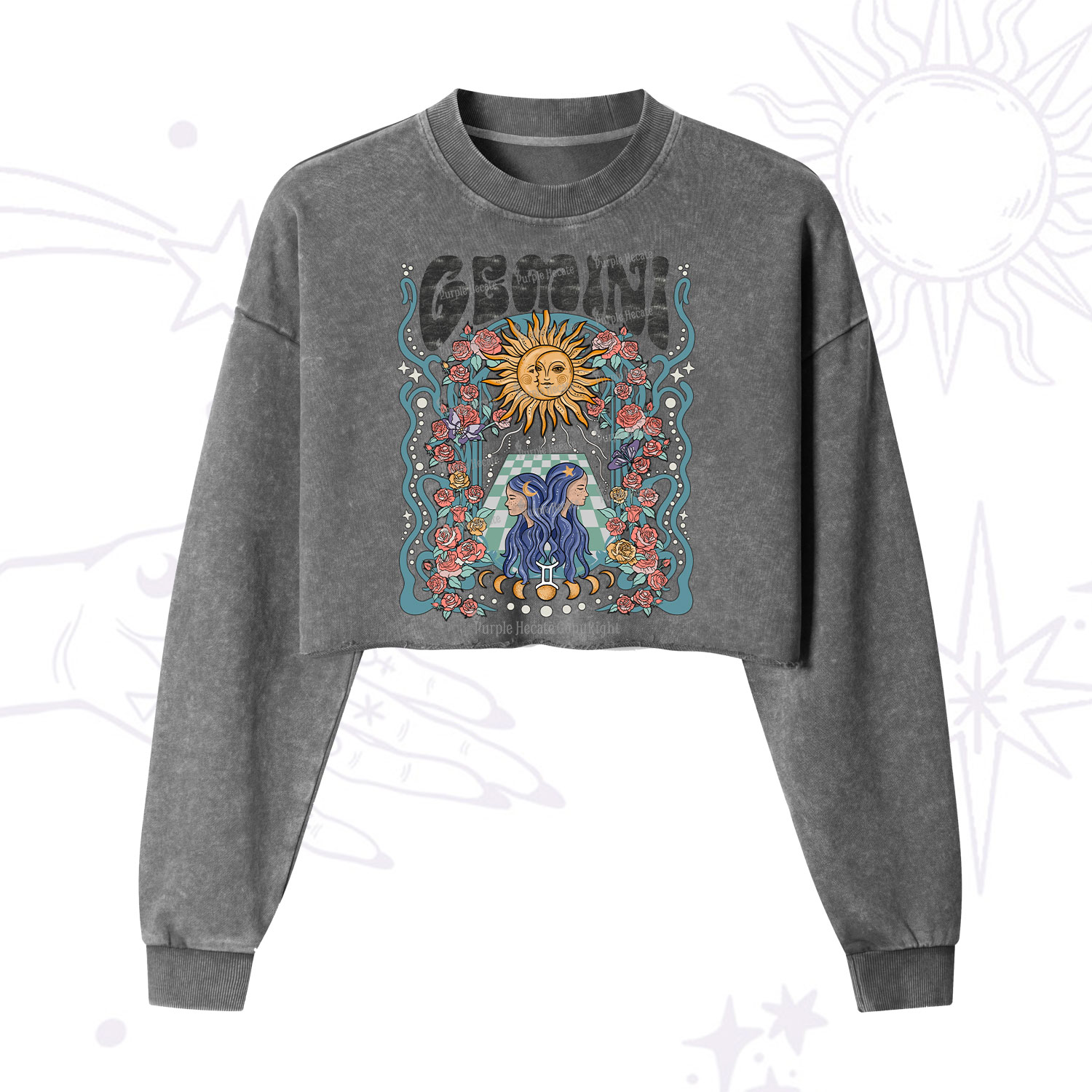 Purplehecate Gemini Spirit Zodiac Cropped Washed Sweatshirt
