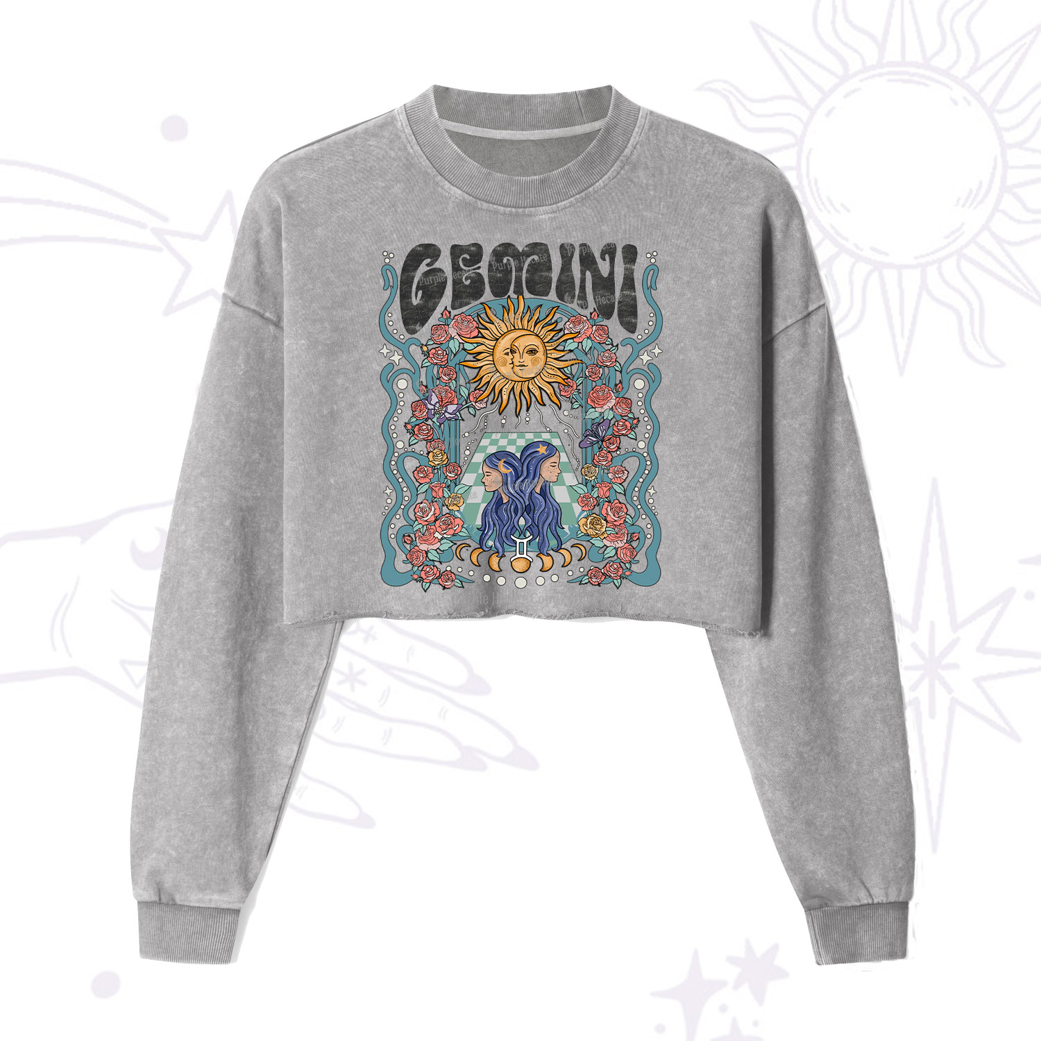 Purplehecate Gemini Spirit Zodiac Cropped Washed Sweatshirt