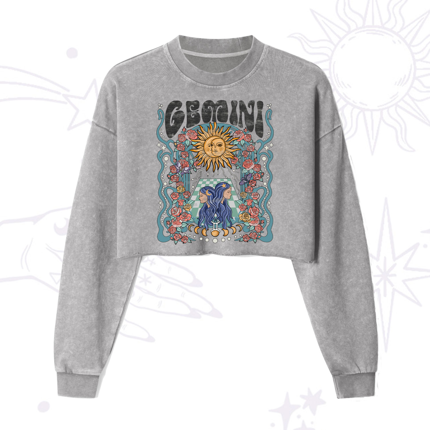 Purplehecate Gemini Spirit Zodiac Cropped Washed Sweatshirt
