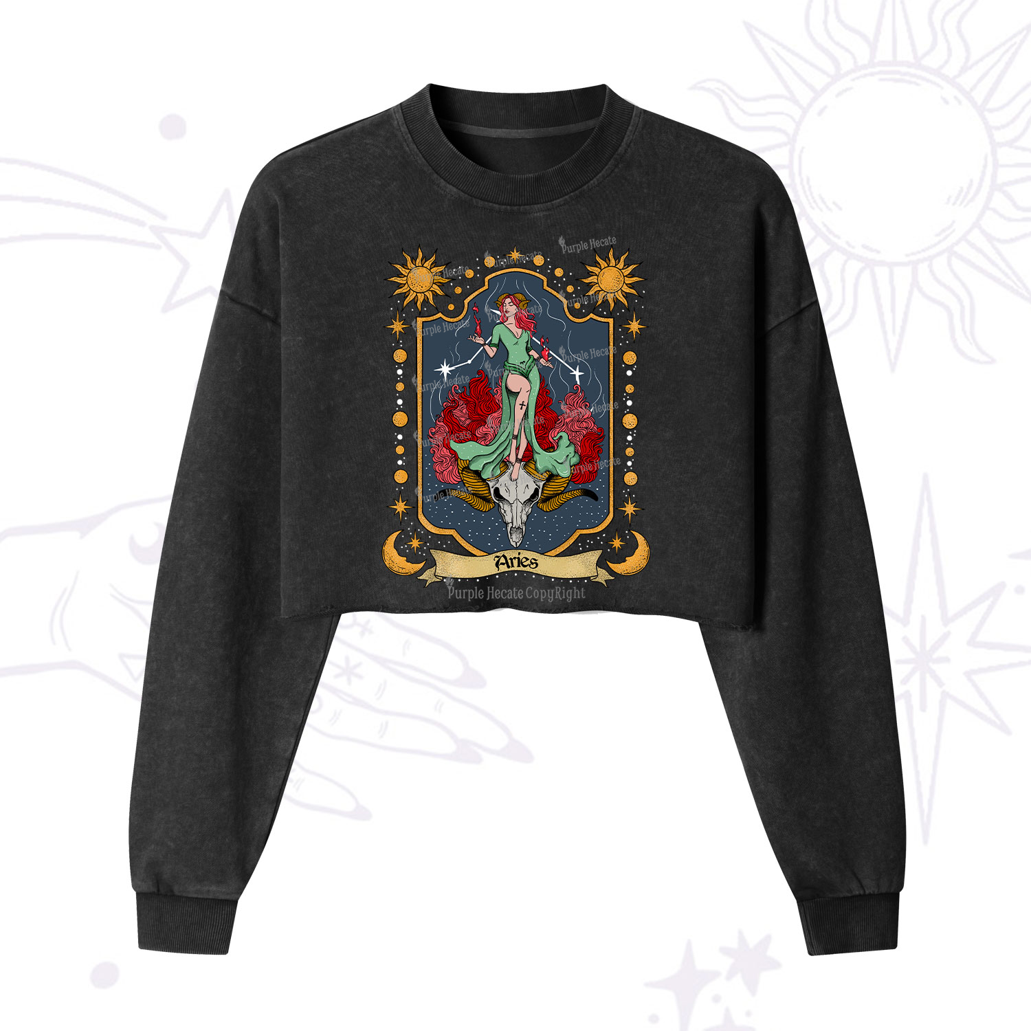Purplehecate Aries Zodiac Cropped Washed Sweatshirt