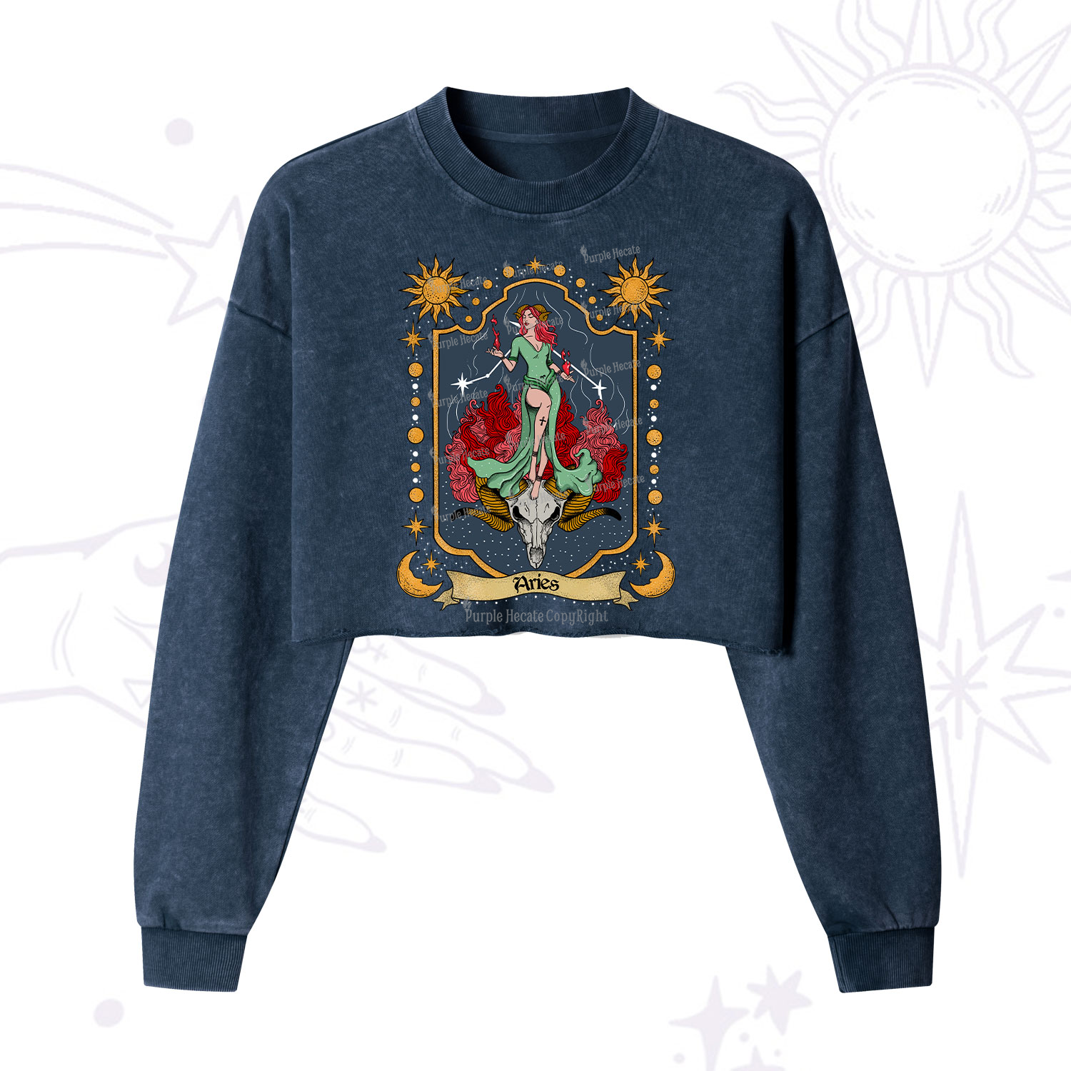 Purplehecate Aries Zodiac Cropped Washed Sweatshirt