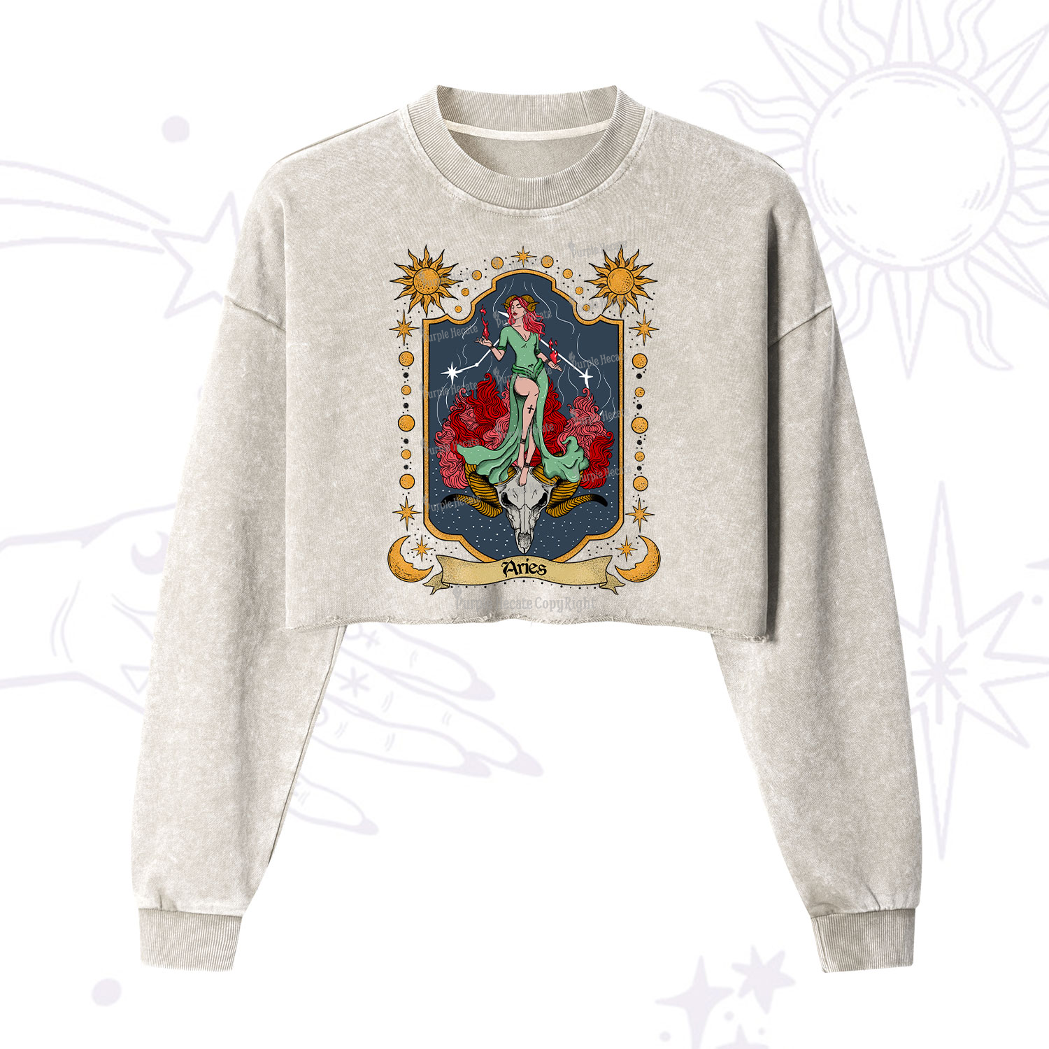Purplehecate Aries Zodiac Cropped Washed Sweatshirt