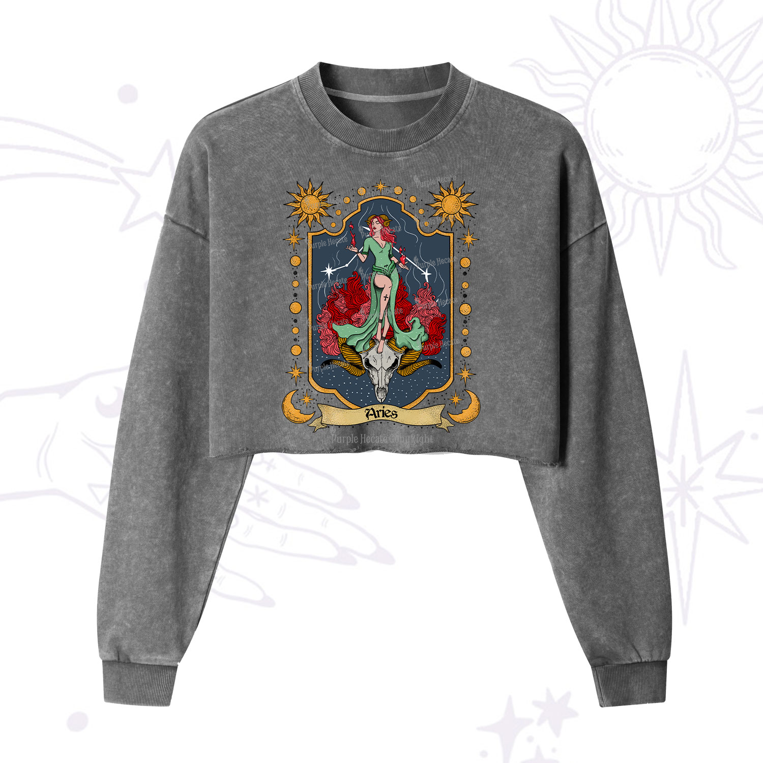 Purplehecate Aries Zodiac Cropped Washed Sweatshirt