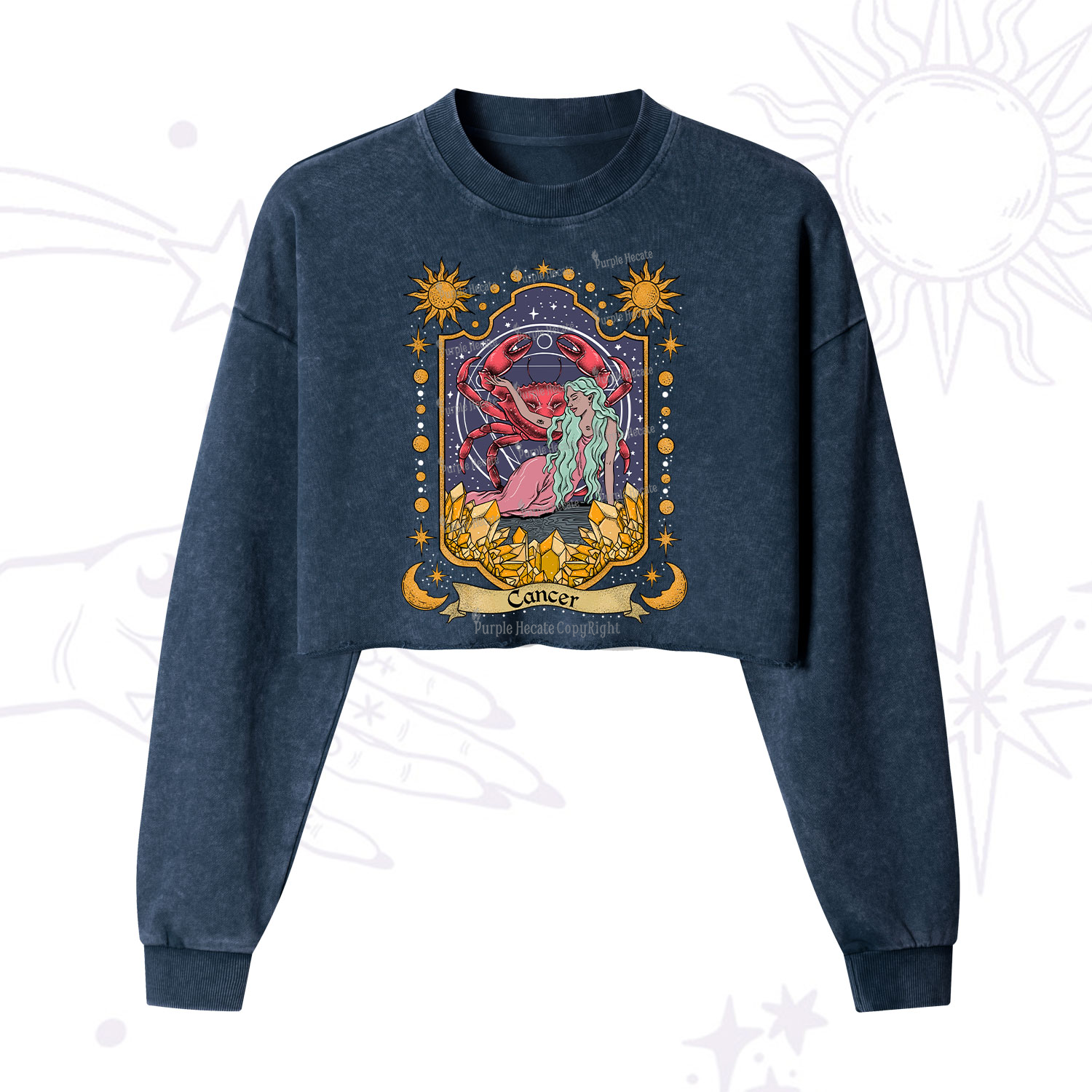 Purplehecate Cancer Zodiac Cropped Washed Sweatshirt