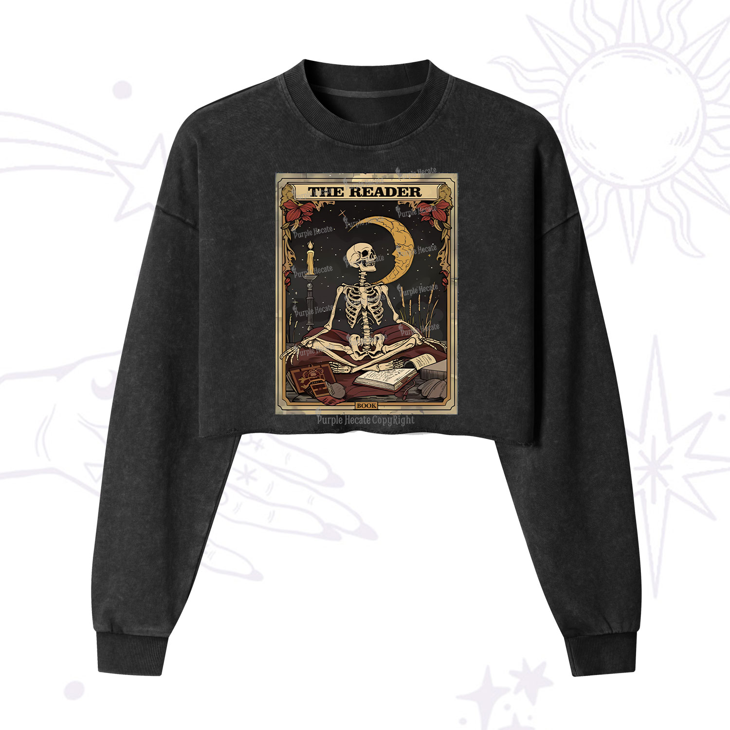 Purplehecate The Reader Tarot Card Cropped Washed Sweatshirt