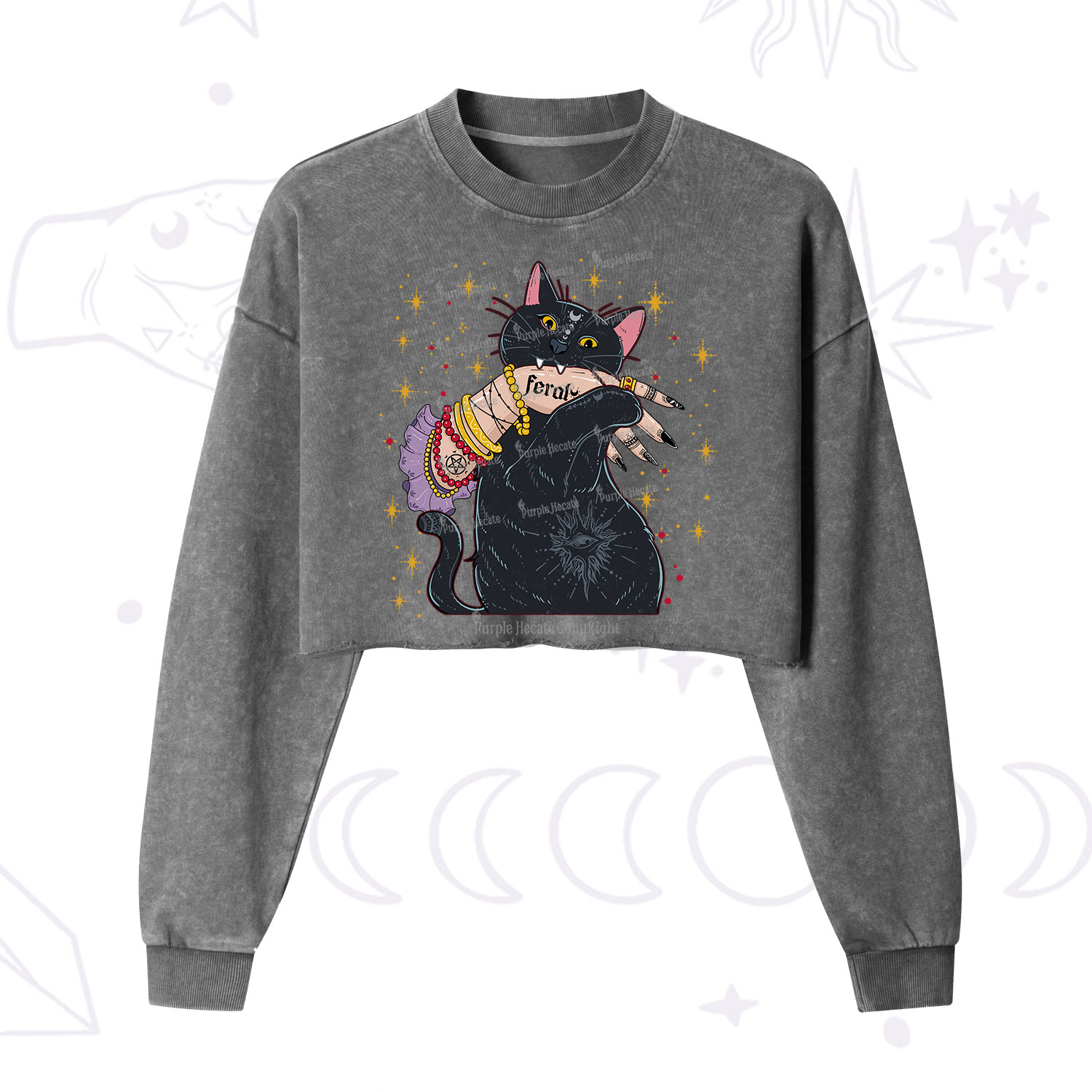Purplehecate Feral Cat Cropped Washed Sweatshirt