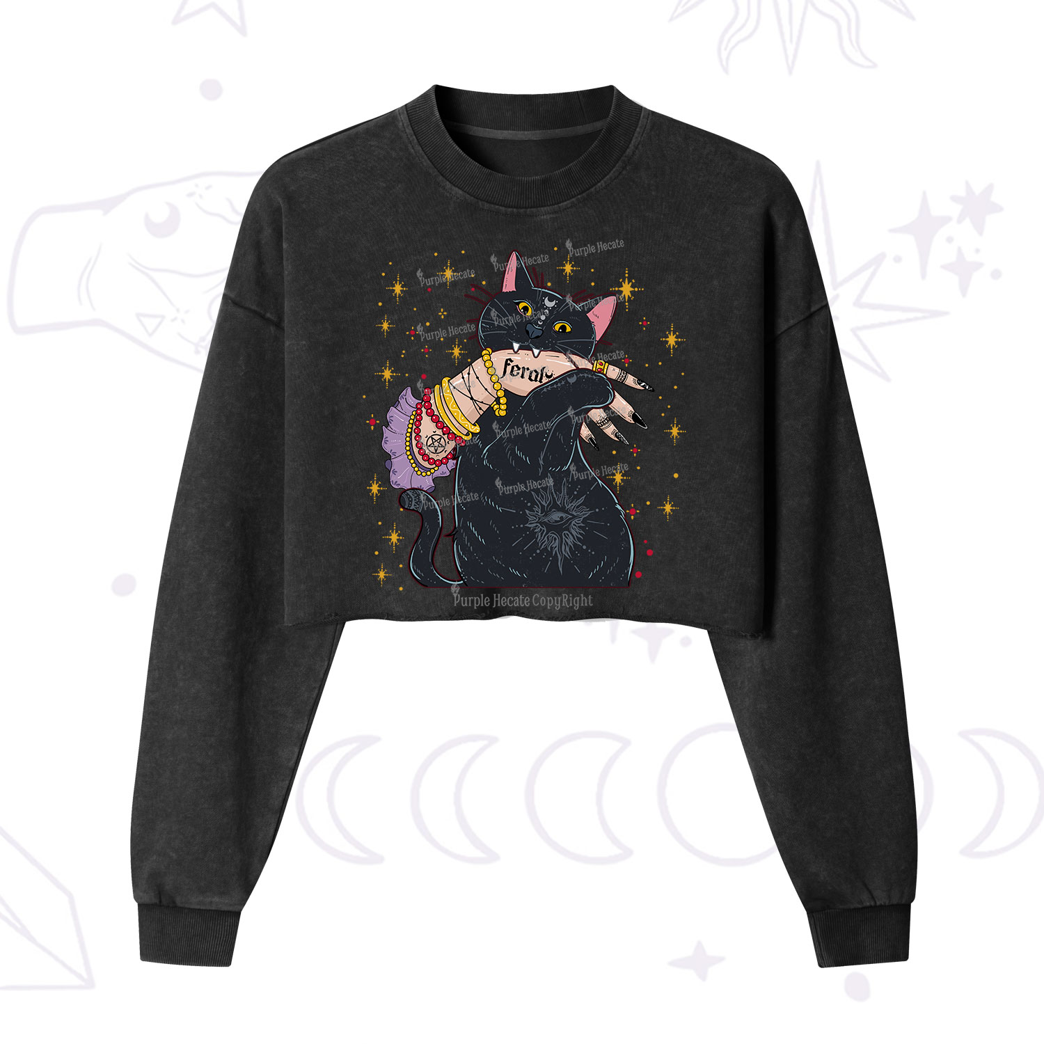 Purplehecate Feral Cat Cropped Washed Sweatshirt