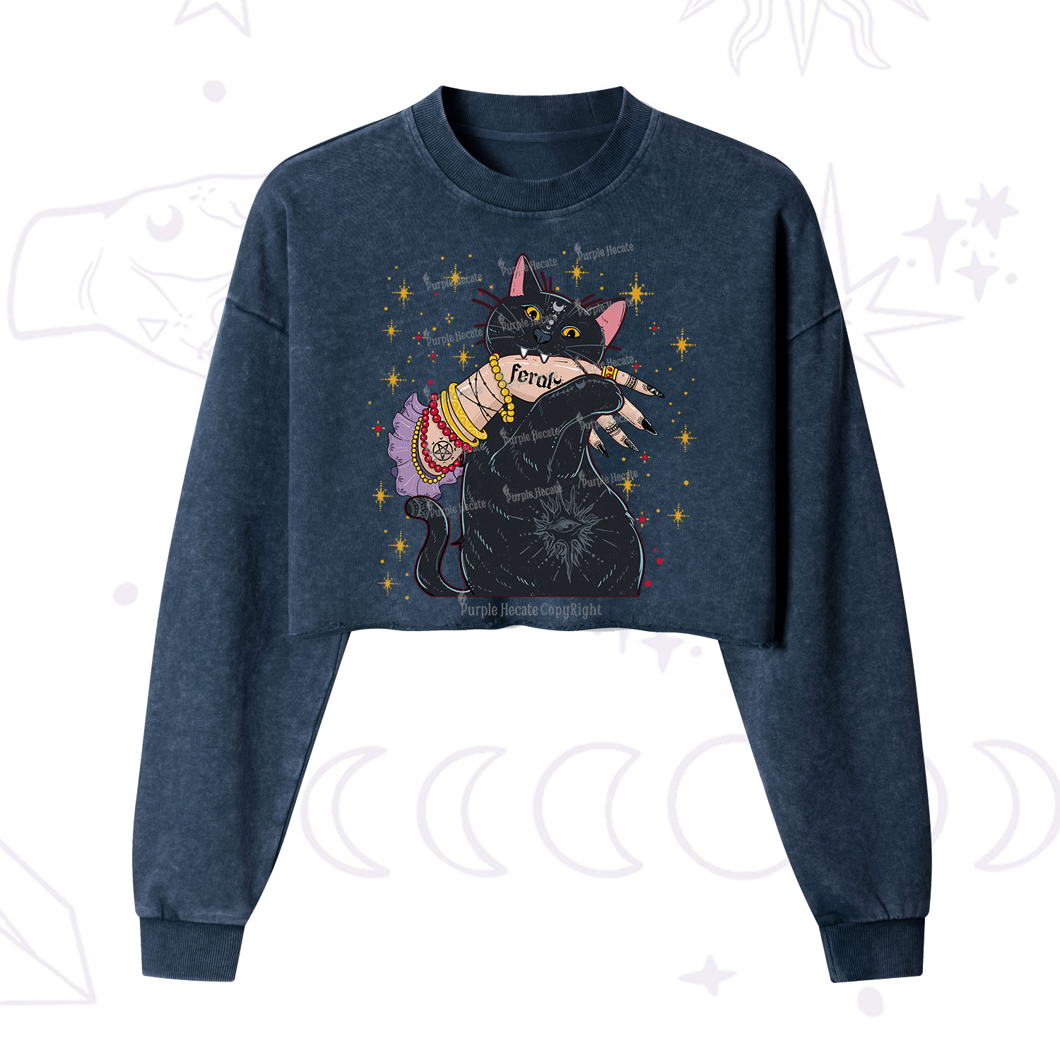 Purplehecate Feral Cat Cropped Washed Sweatshirt