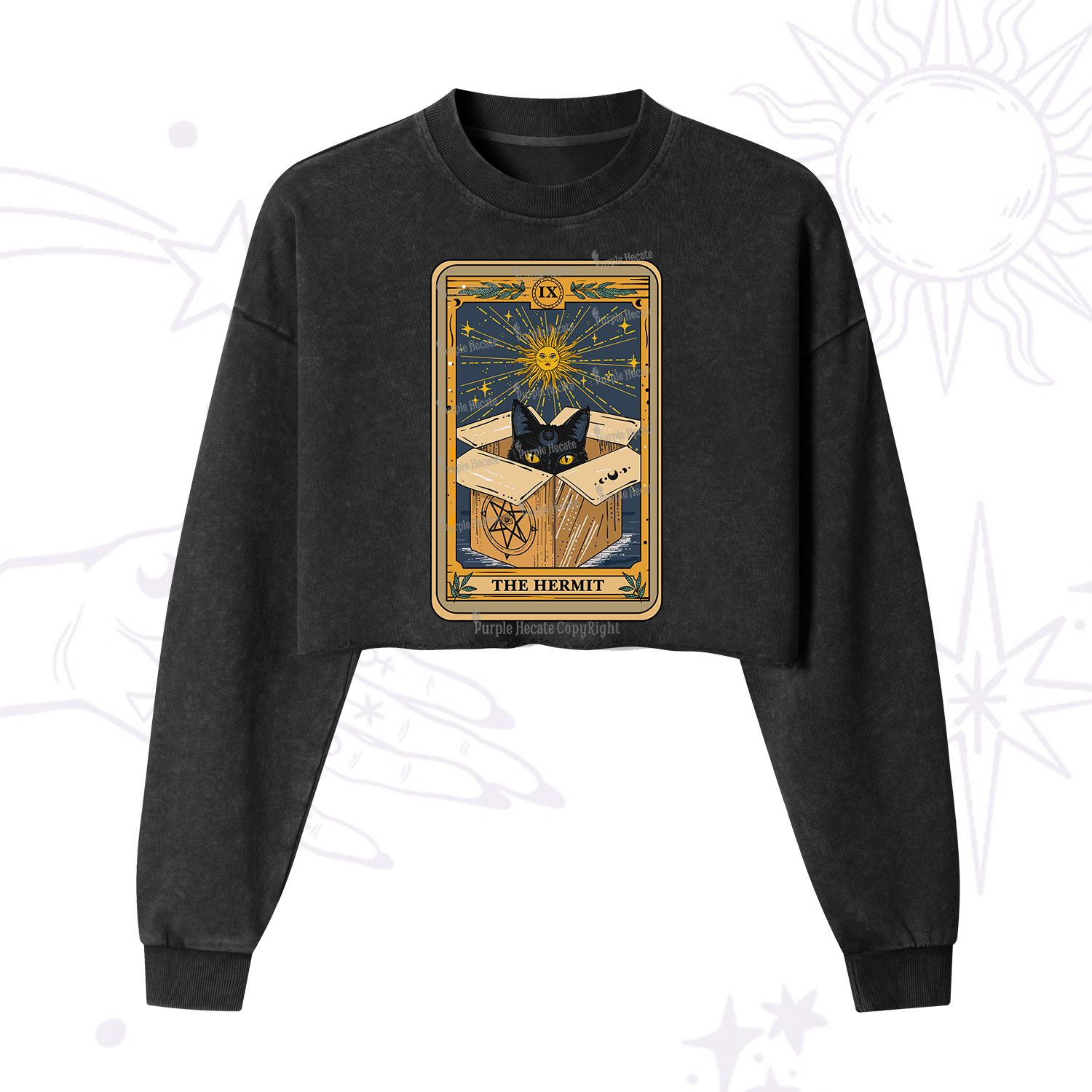 Purplehecate The Hermit Cat Tarot Card  Cropped Washed Sweatshirt