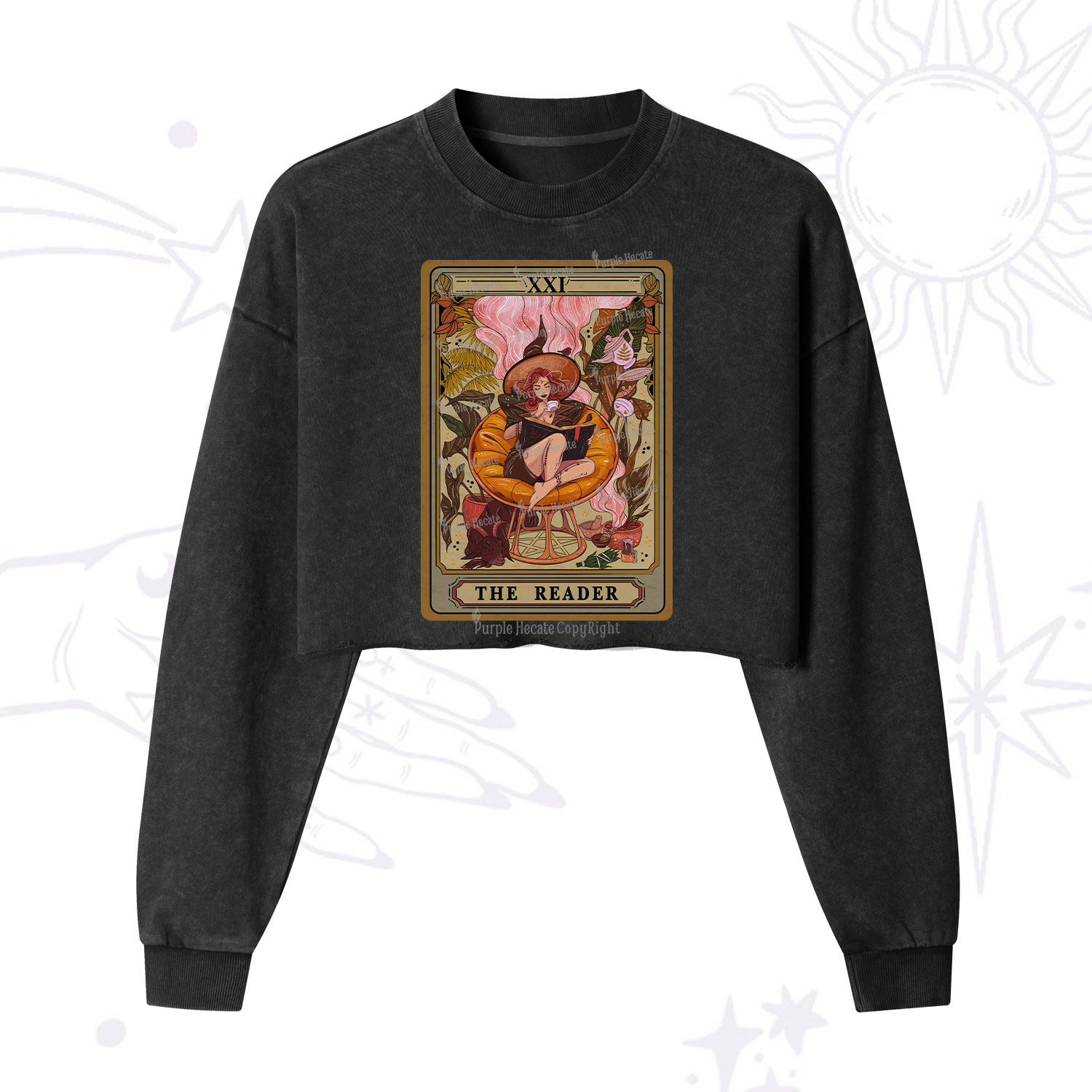 Purplehecate The Reader Tarot Card  Cropped Washed Sweatshirt