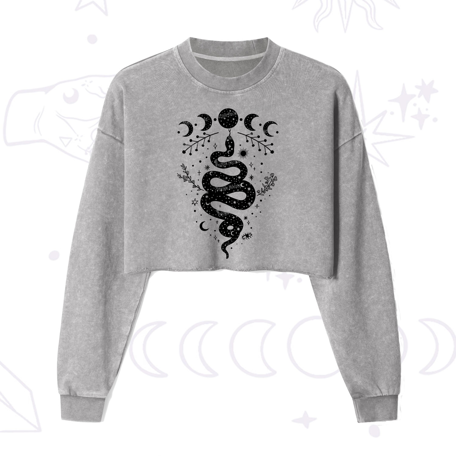 Purplehecate Snake And Moon Phase Comfort Cropped Washed Sweatshirt