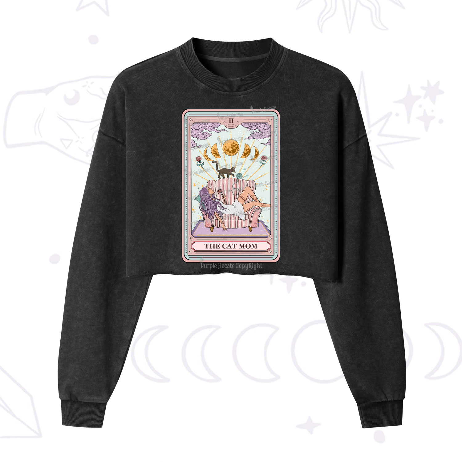 Purplehecate The Cat Mom Tarot Cropped Washed Sweatshirt