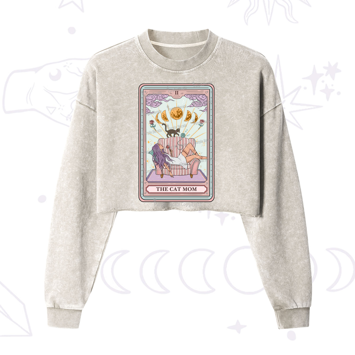 Purplehecate The Cat Mom Tarot Cropped Washed Sweatshirt