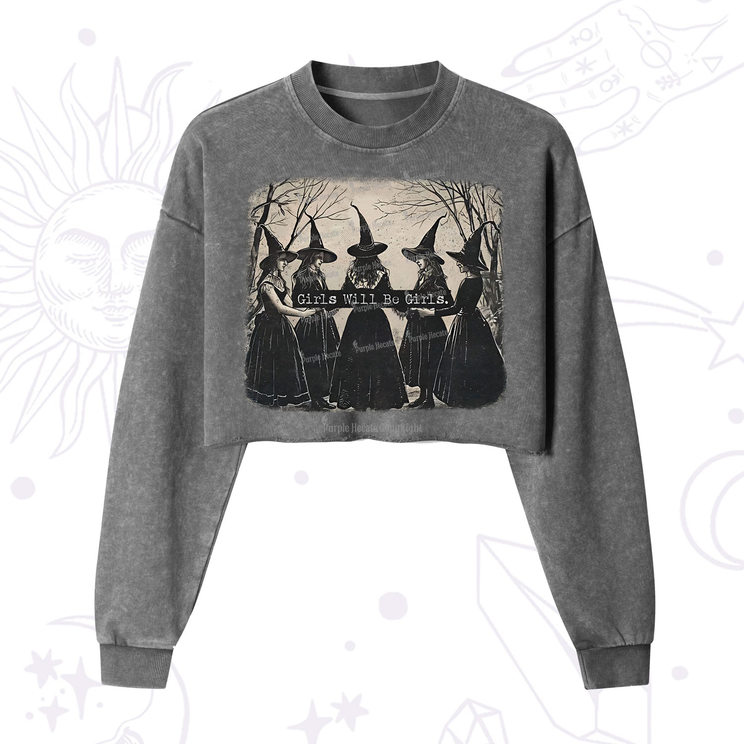 Purplehecate Girls Will Be Girls Witch  Cropped Washed Sweatshirt
